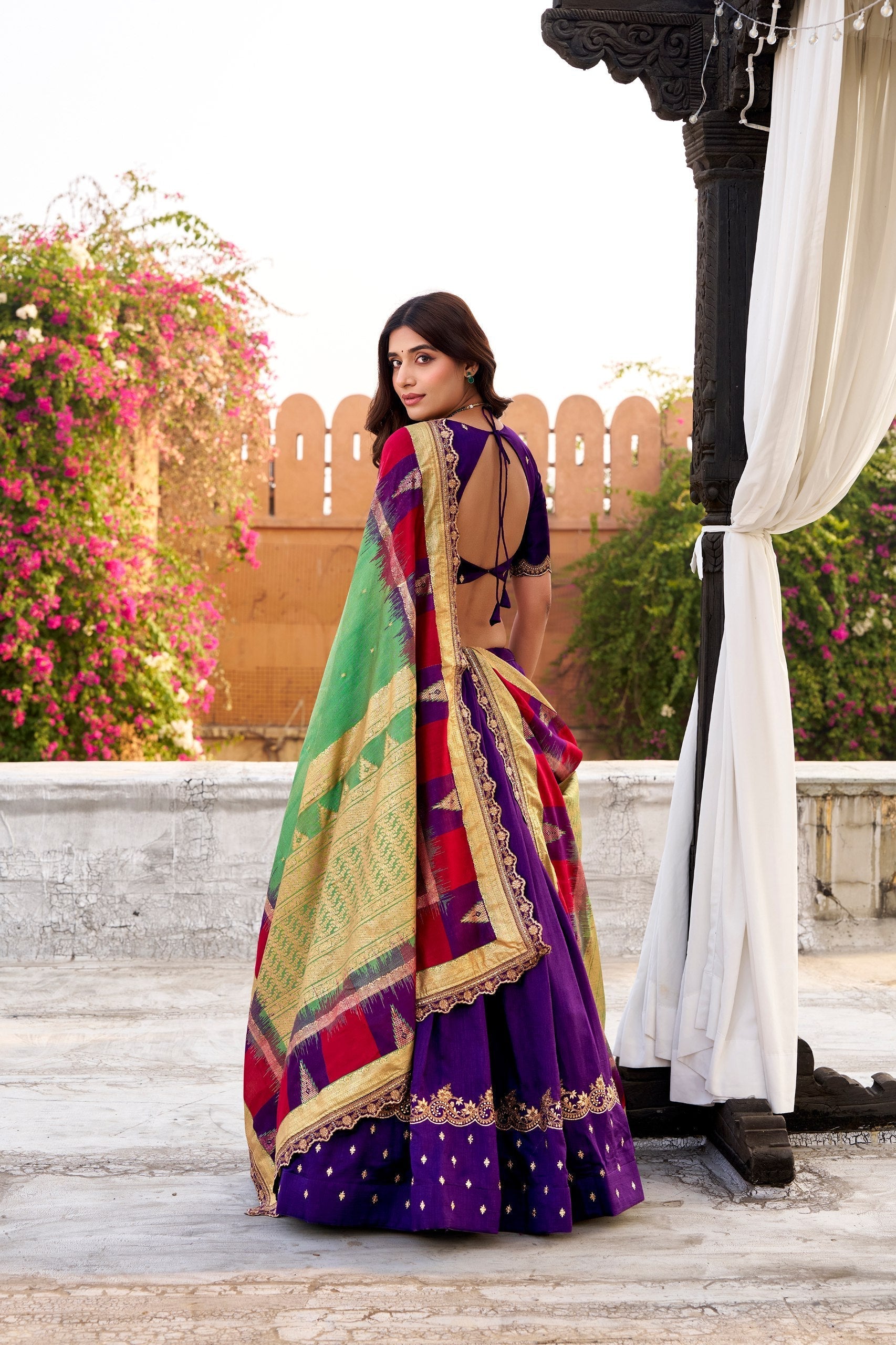 Purple Vichitra Silk Embroidered Lehenga Set