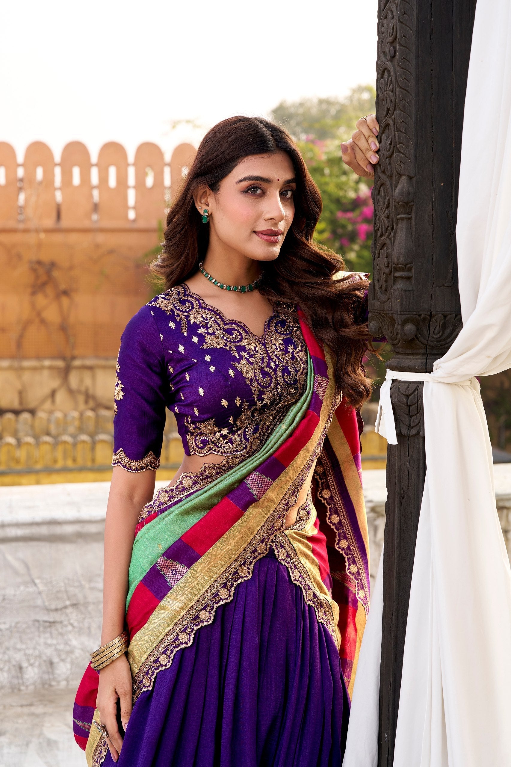 Purple Vichitra Silk Embroidered Lehenga Set
