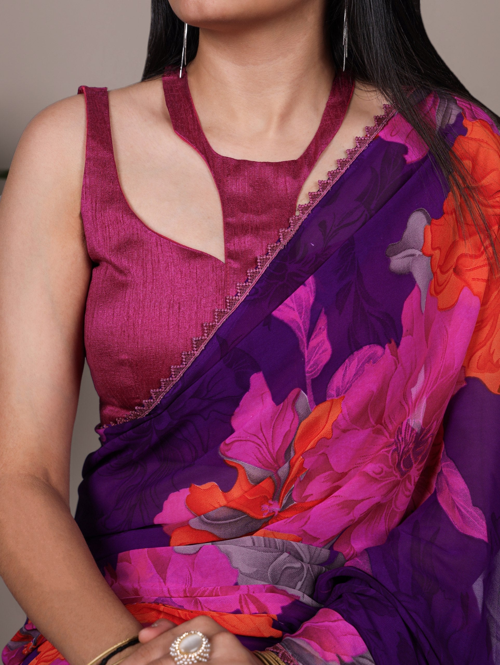 Purple Weightless Marbal Floral Printed Saree with Lace Border & Unstitched Banglory Plain Blouse
