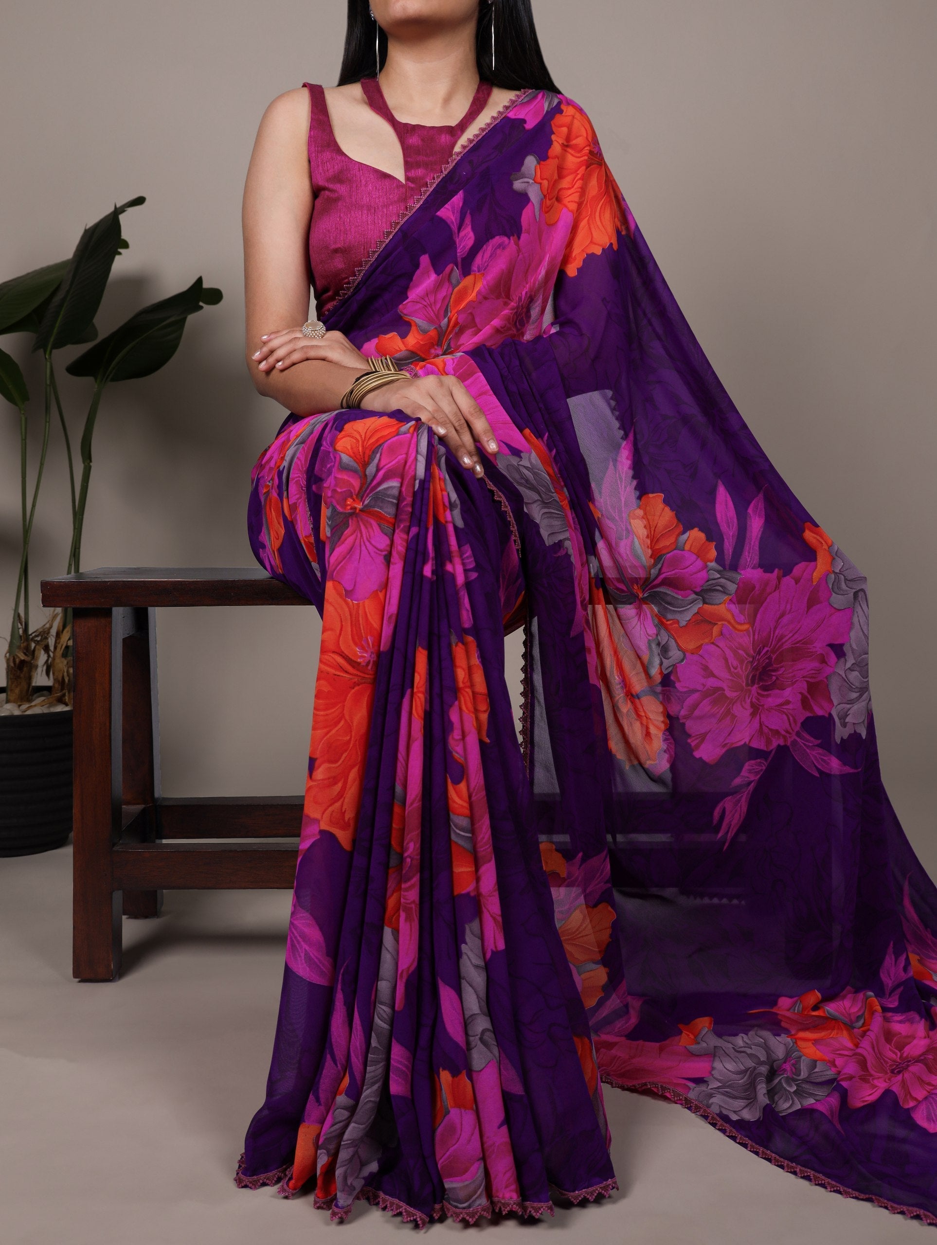 Purple Weightless Marbal Floral Printed Saree with Lace Border & Unstitched Banglory Plain Blouse