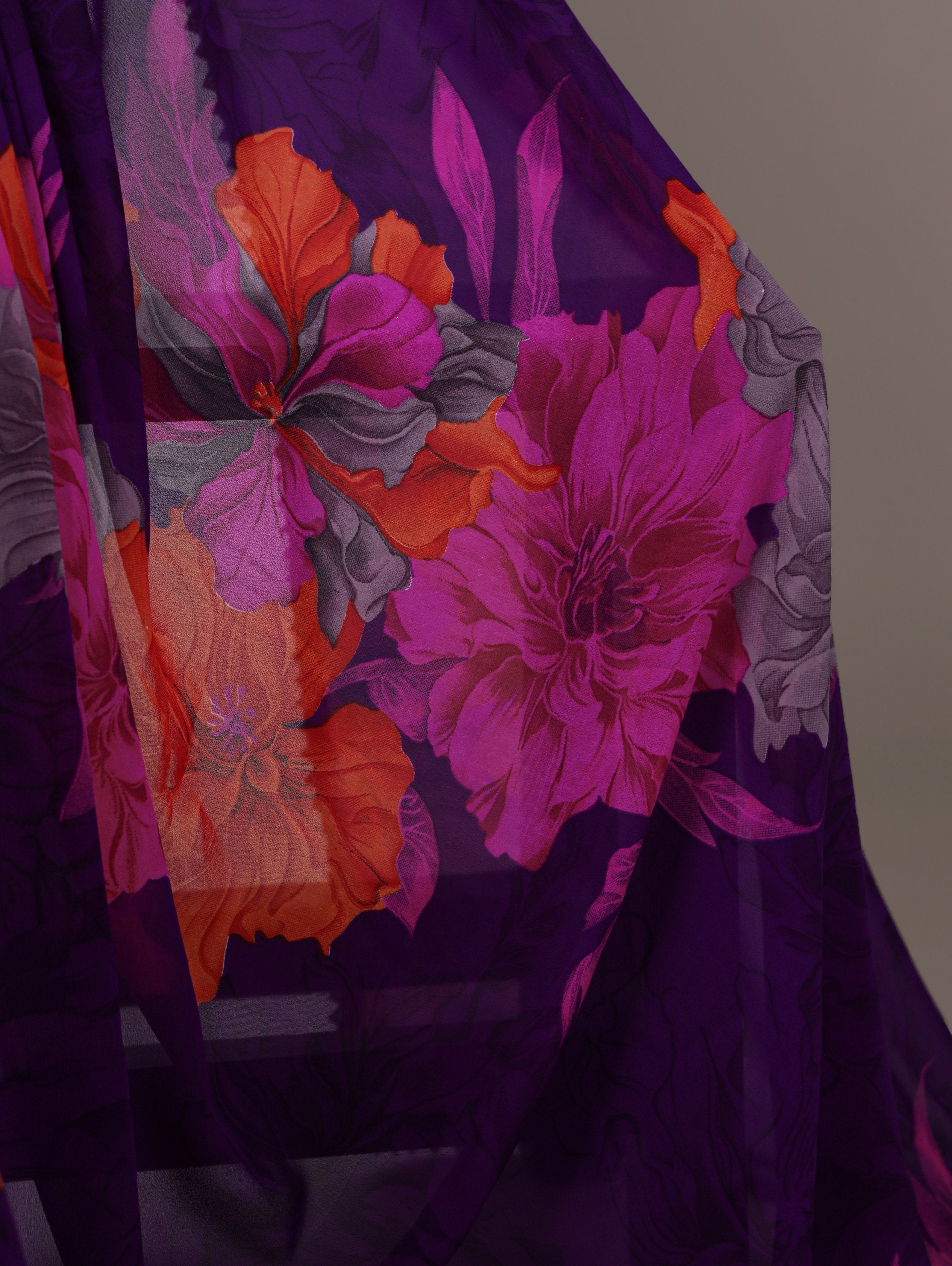 Purple Weightless Marbal Floral Printed Saree with Lace Border & Unstitched Banglory Plain Blouse