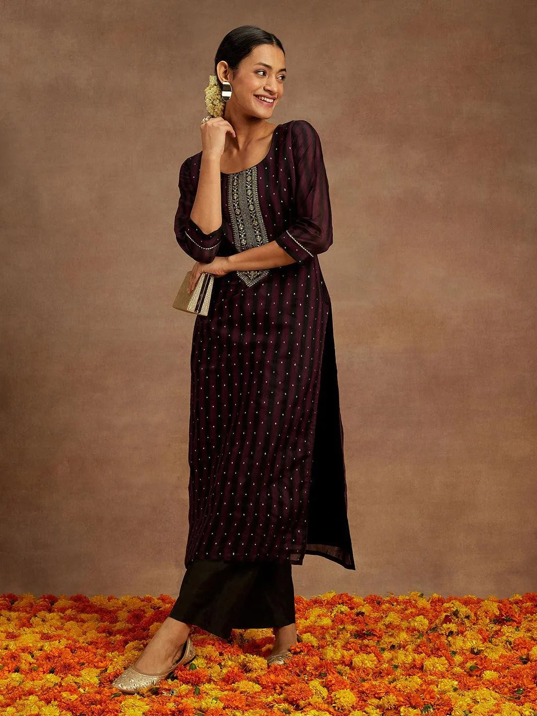 Anouk Purple Woven Design Chanderi Silk Straight Kurta