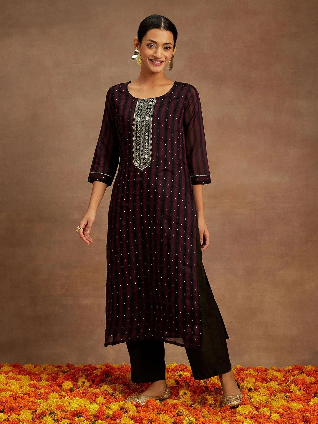 Anouk Purple Woven Design Chanderi Silk Straight Kurta