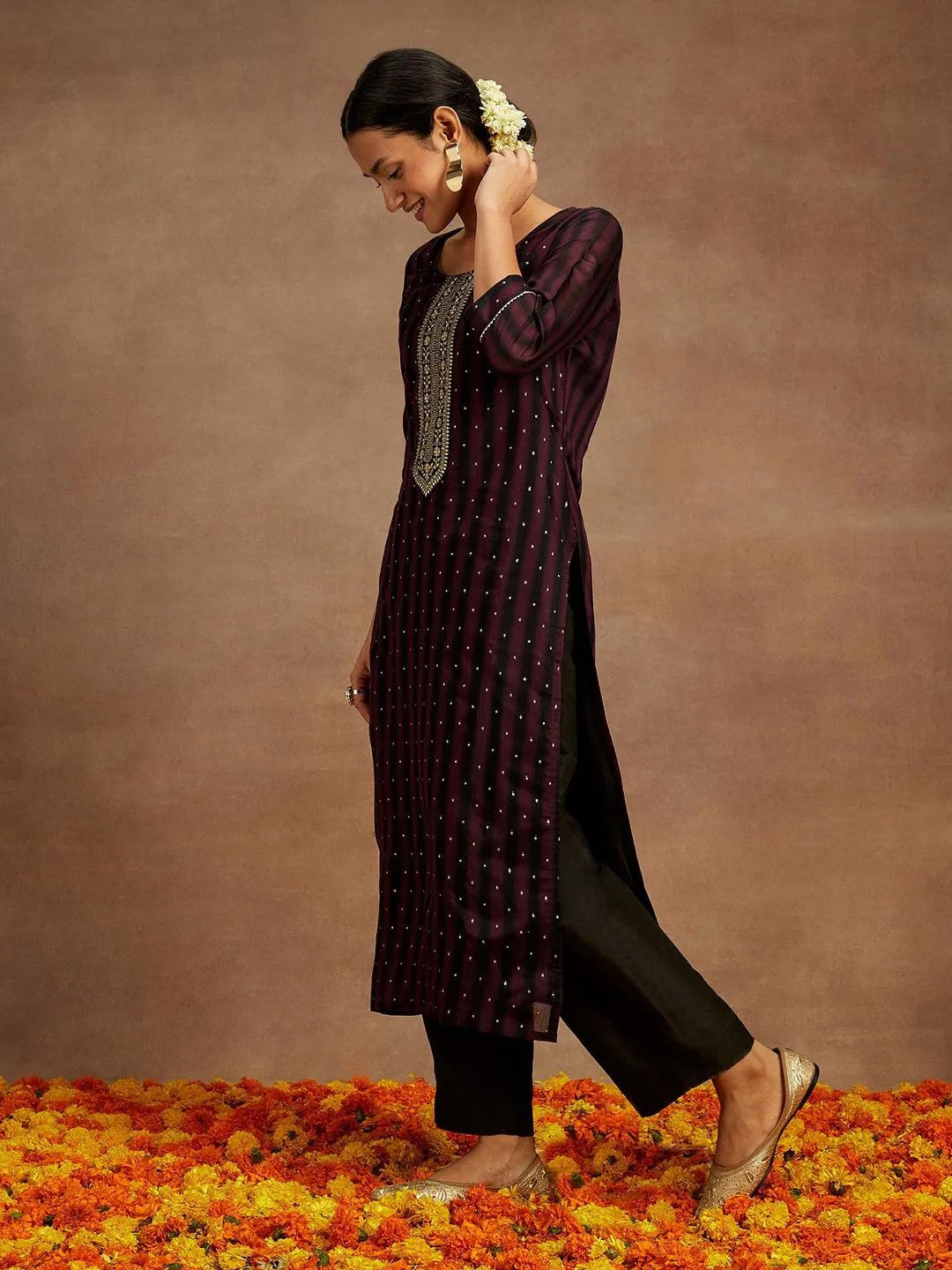 Anouk Purple Woven Design Chanderi Silk Straight Kurta