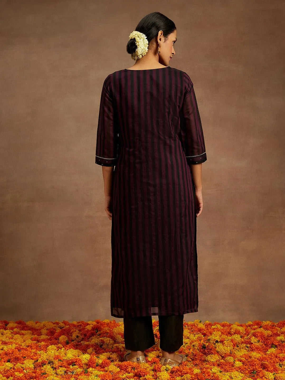 Anouk Purple Woven Design Chanderi Silk Straight Kurta