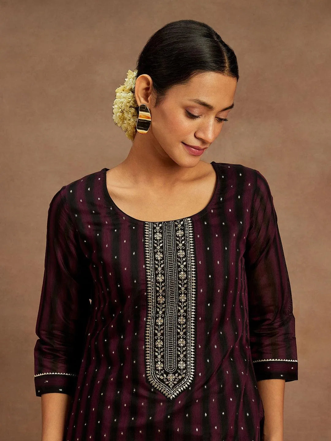 Anouk Purple Woven Design Chanderi Silk Straight Kurta