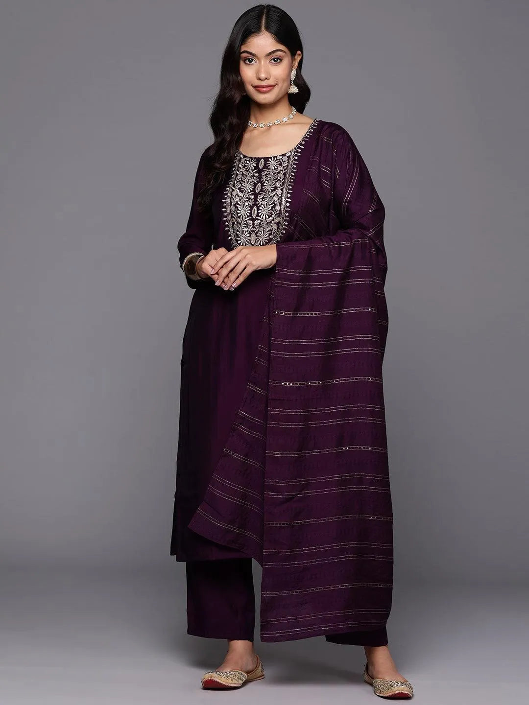 Anouk Purple Yoke Design Silk Blend Straight Suit With Dupatta