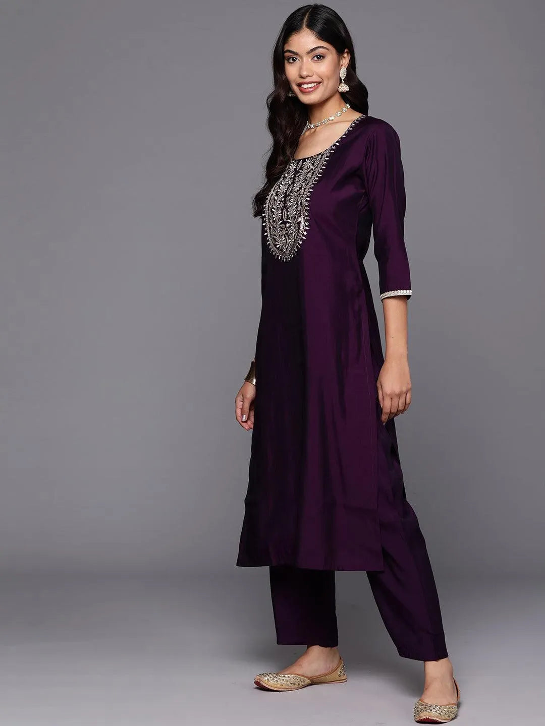 Anouk Purple Yoke Design Silk Blend Straight Suit With Dupatta