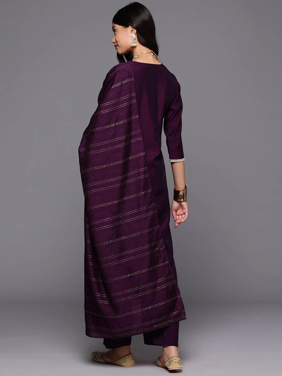 Anouk Purple Yoke Design Silk Blend Straight Suit With Dupatta