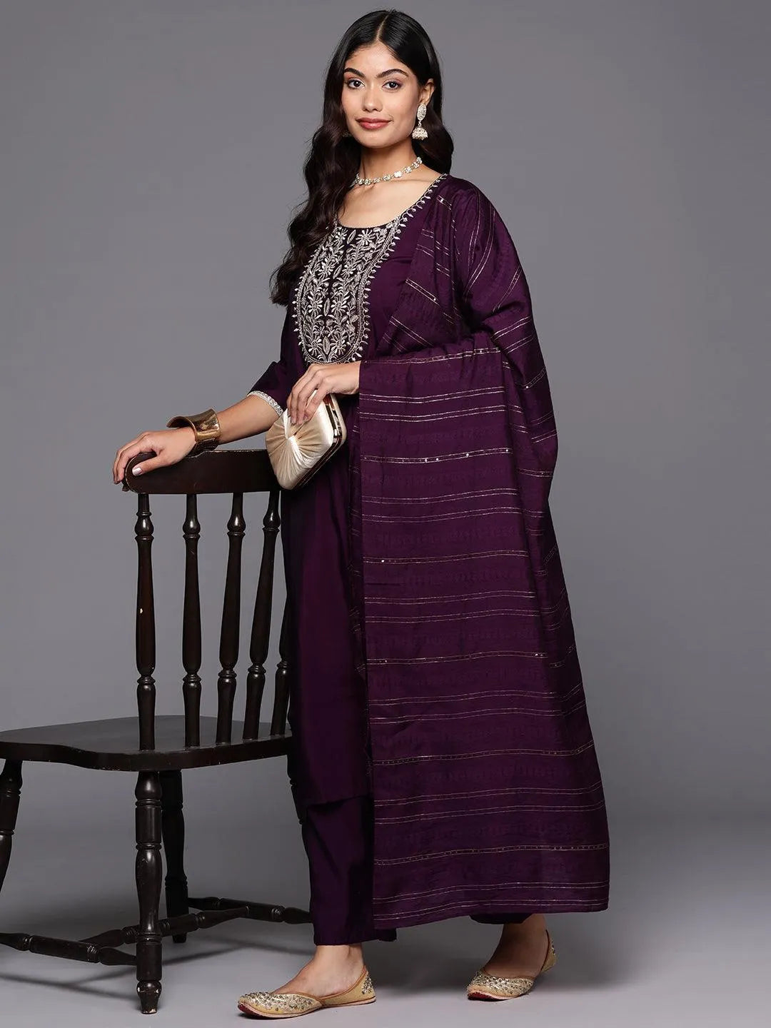 Anouk Purple Yoke Design Silk Blend Straight Suit With Dupatta