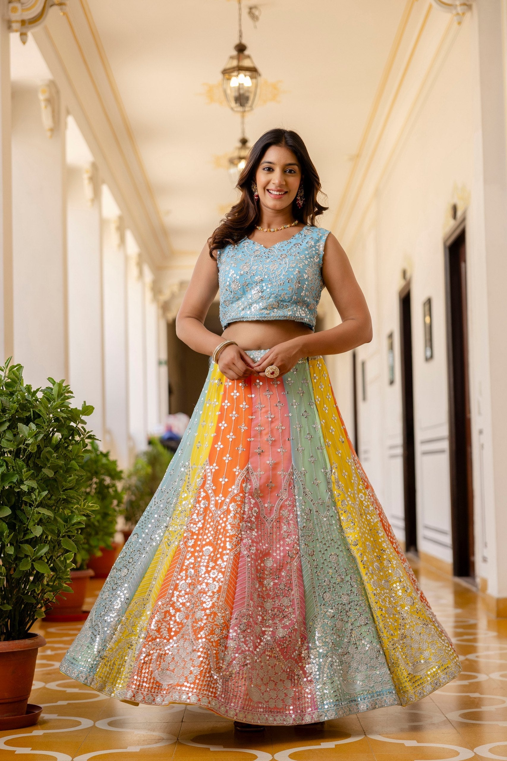Rainbow Designer Faux Georgette Sequins Embroidered Lehenga Set with Net Dupatta