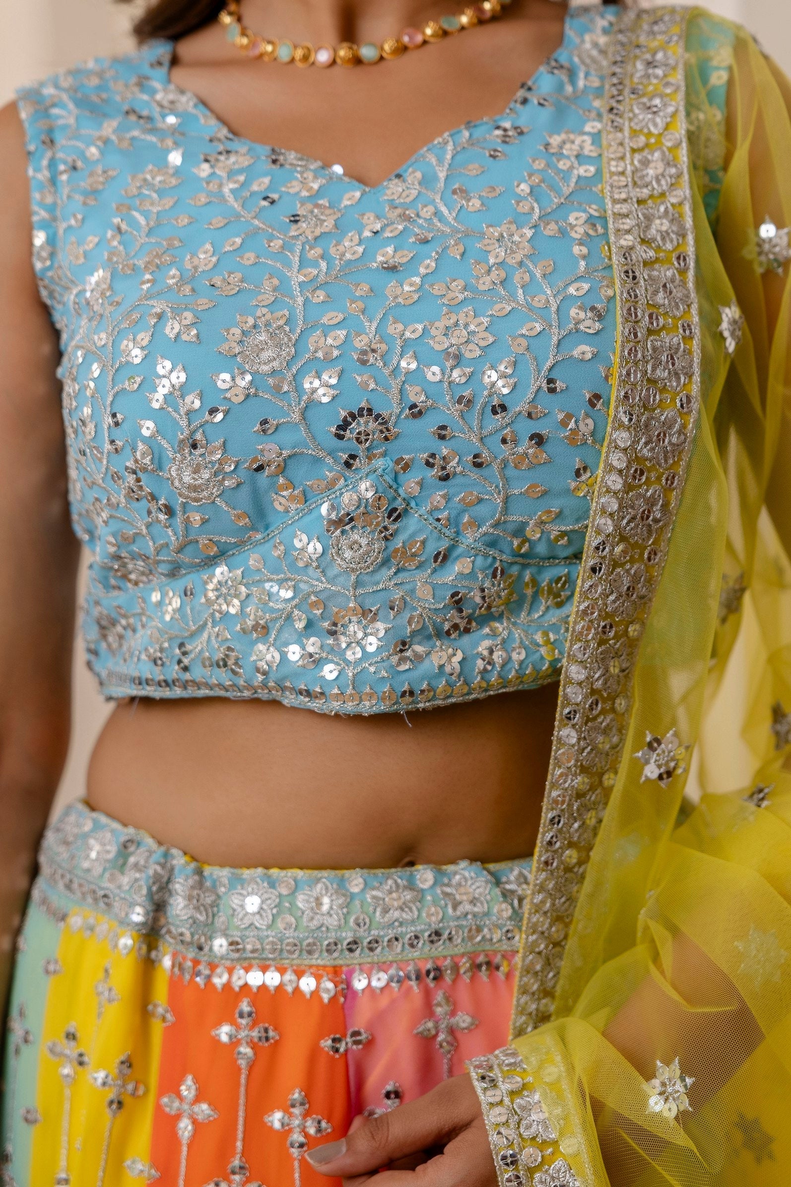 Rainbow Designer Faux Georgette Sequins Embroidered Lehenga Set with Net Dupatta