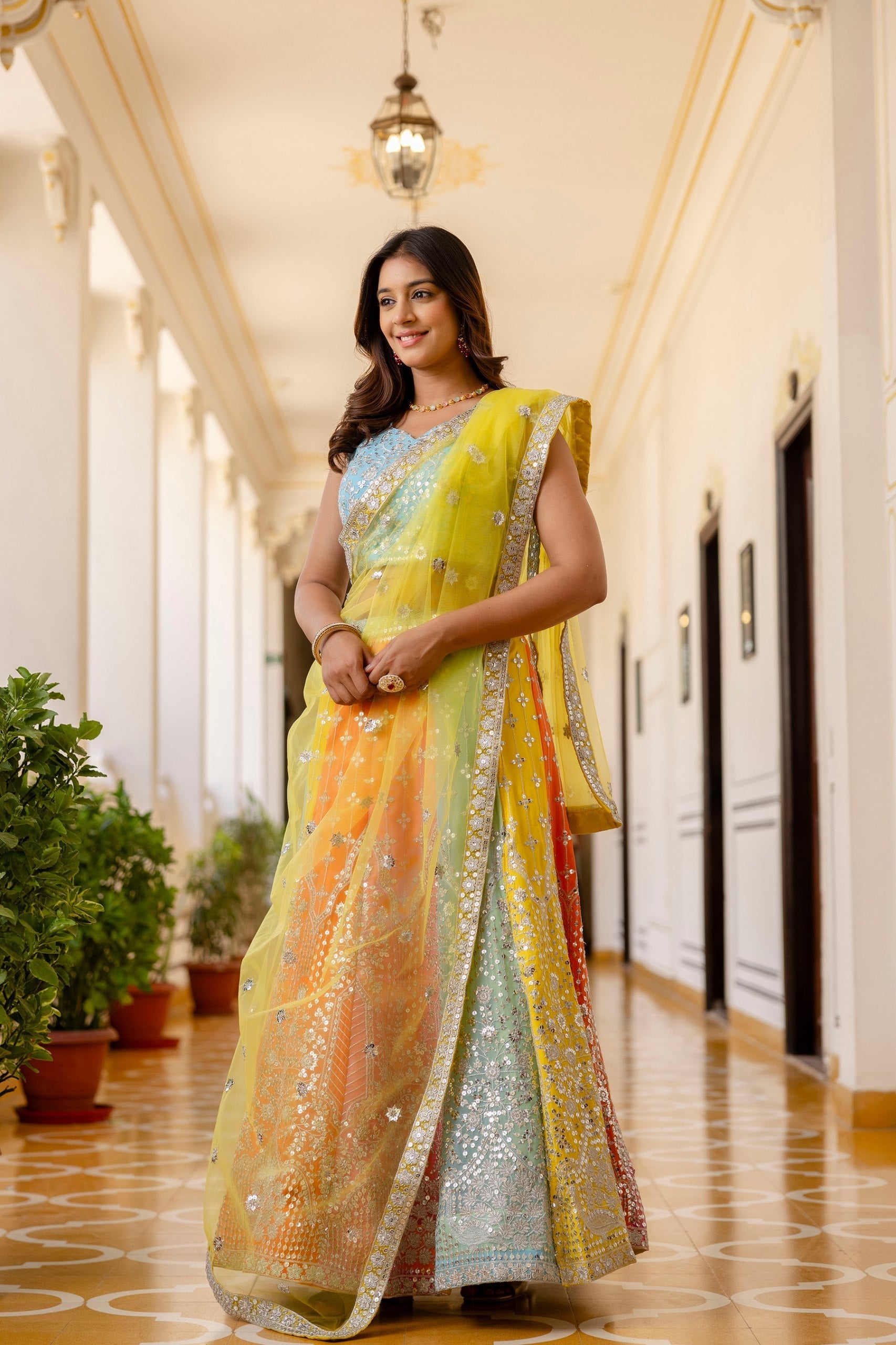 Rainbow Designer Faux Georgette Sequins Embroidered Lehenga Set with Net Dupatta