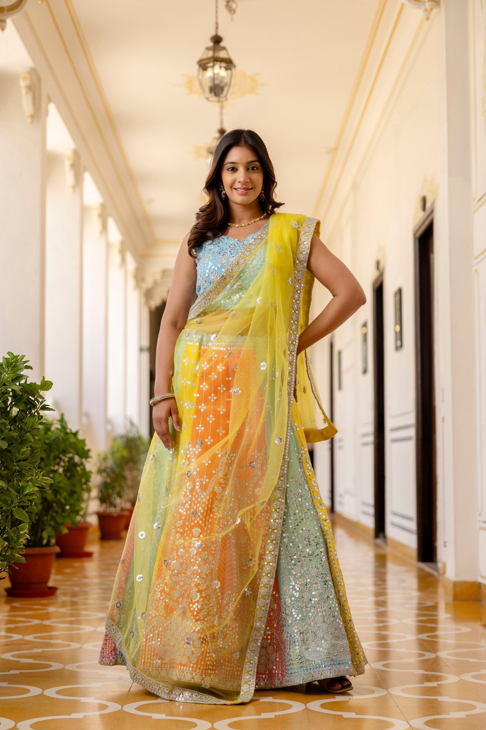 Rainbow Designer Faux Georgette Sequins Embroidered Lehenga Set with Net Dupatta