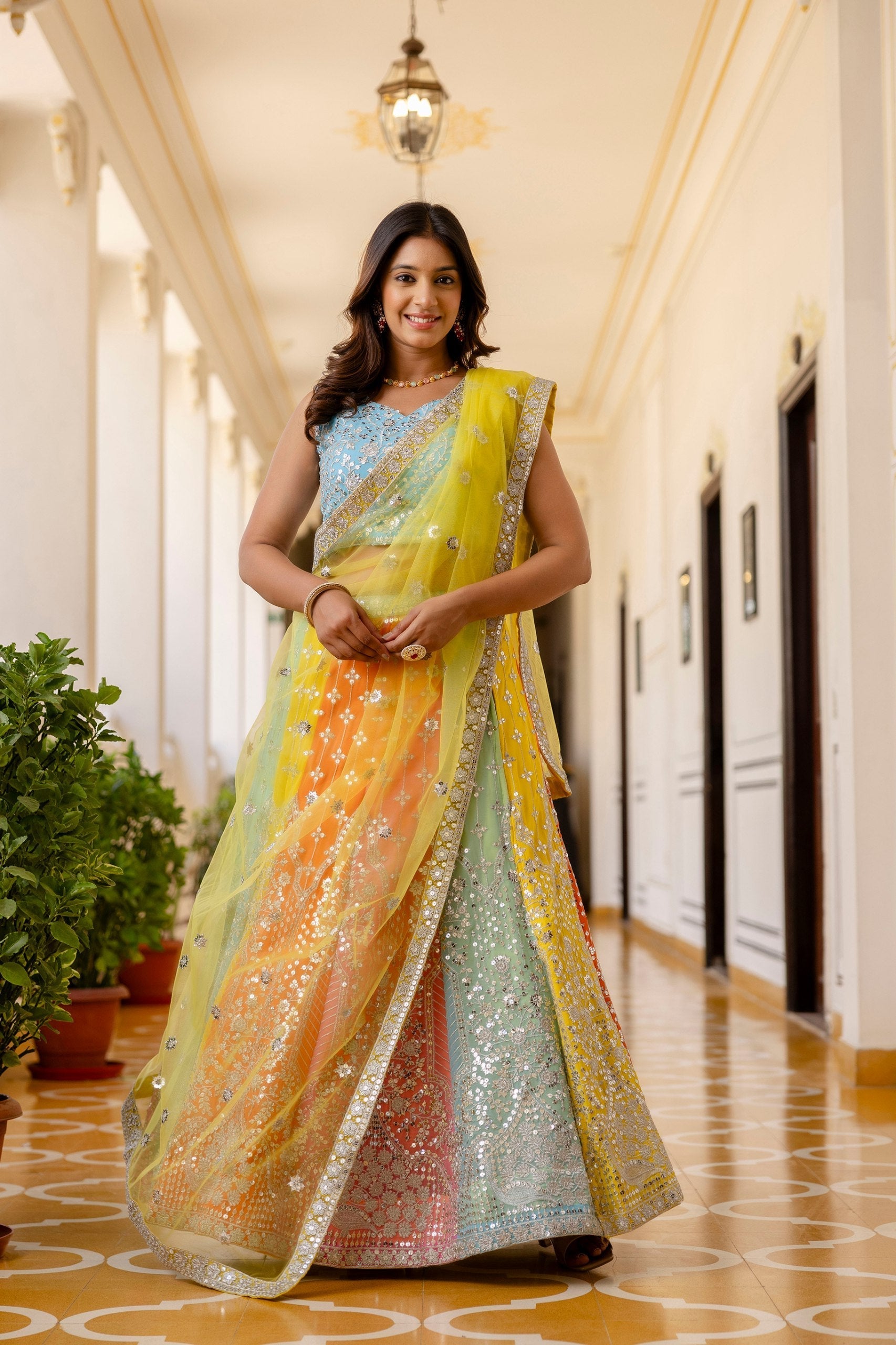 Rainbow Designer Faux Georgette Sequins Embroidered Lehenga Set with Net Dupatta