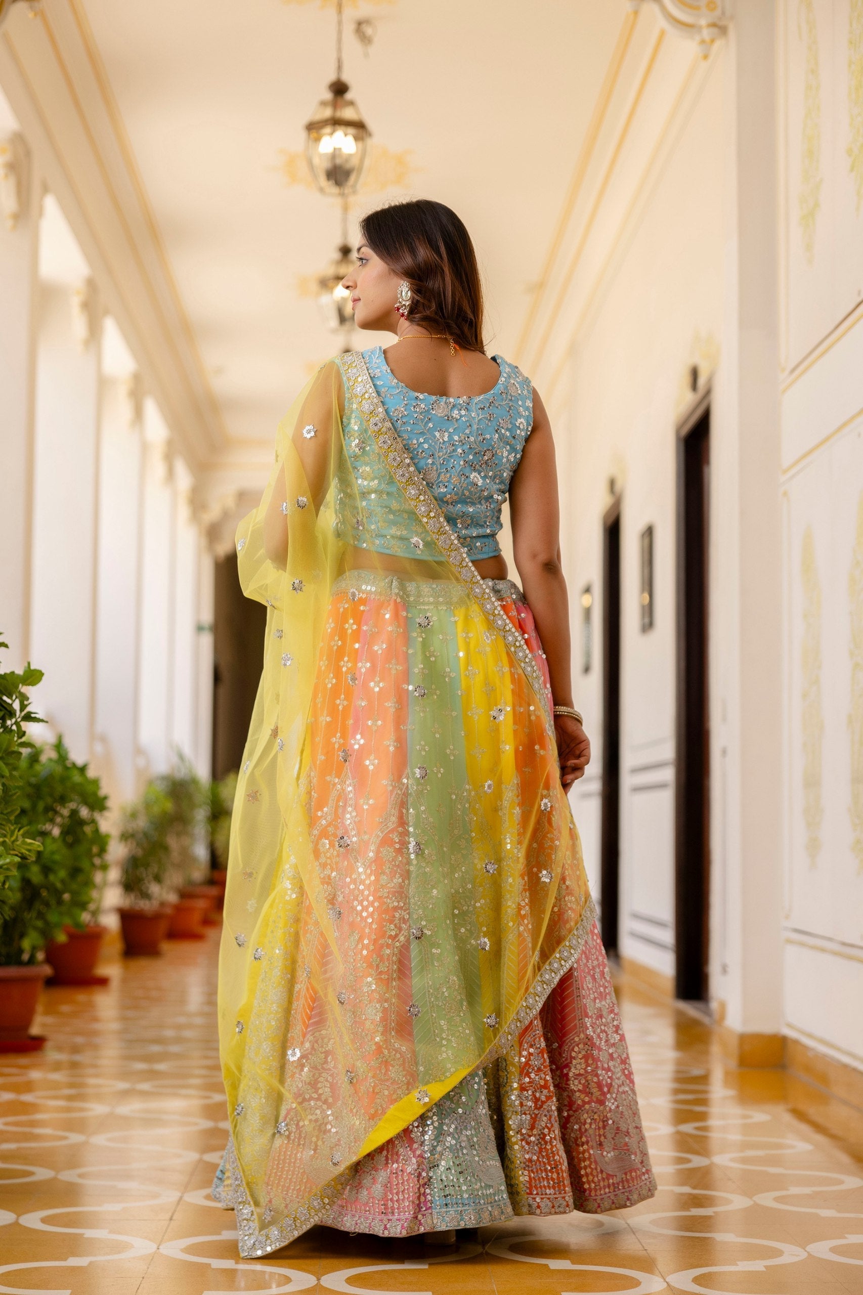 Rainbow Designer Faux Georgette Sequins Embroidered Lehenga Set with Net Dupatta