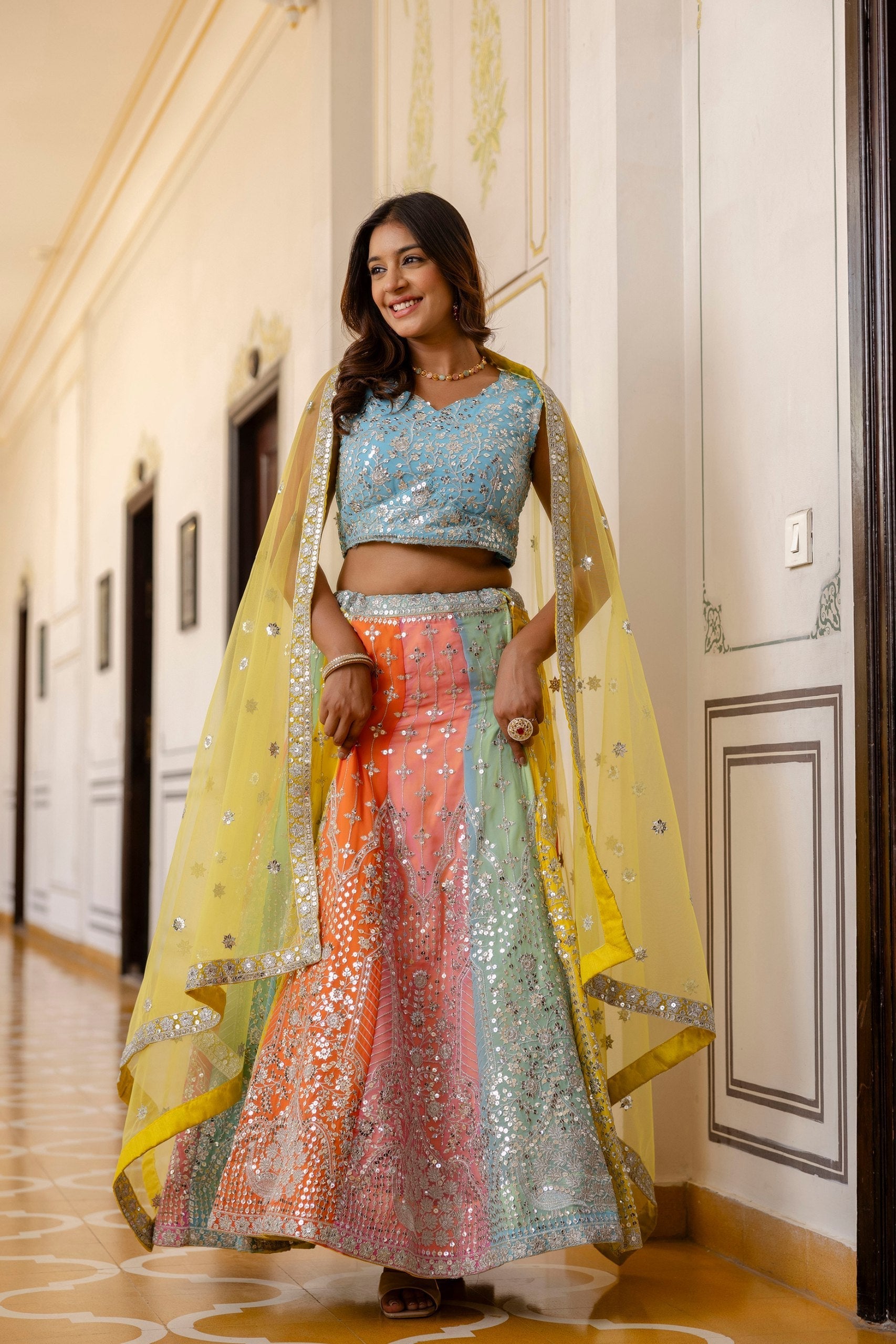 Rainbow Designer Faux Georgette Sequins Embroidered Lehenga Set with Net Dupatta