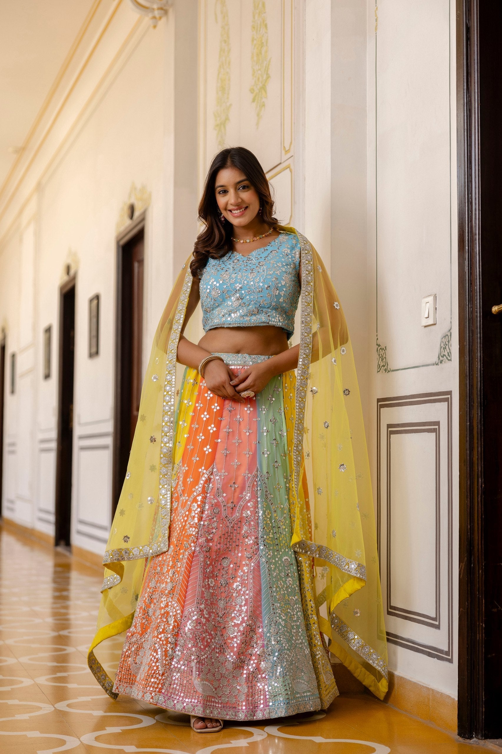 Rainbow Designer Faux Georgette Sequins Embroidered Lehenga Set with Net Dupatta