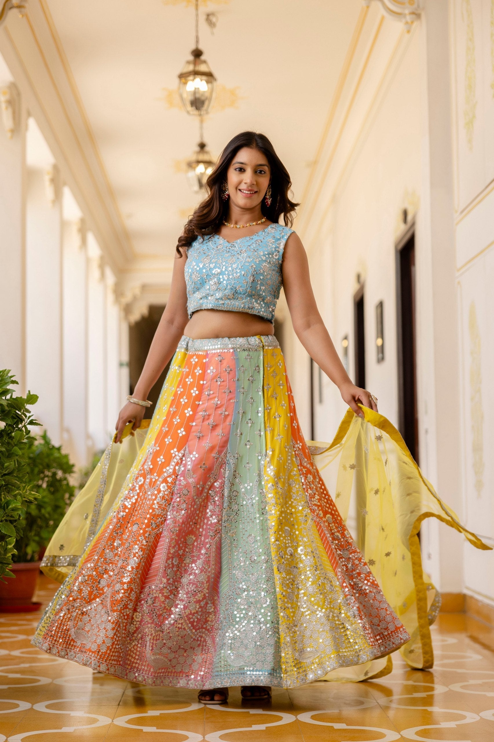 Rainbow Designer Faux Georgette Sequins Embroidered Lehenga Set with Net Dupatta