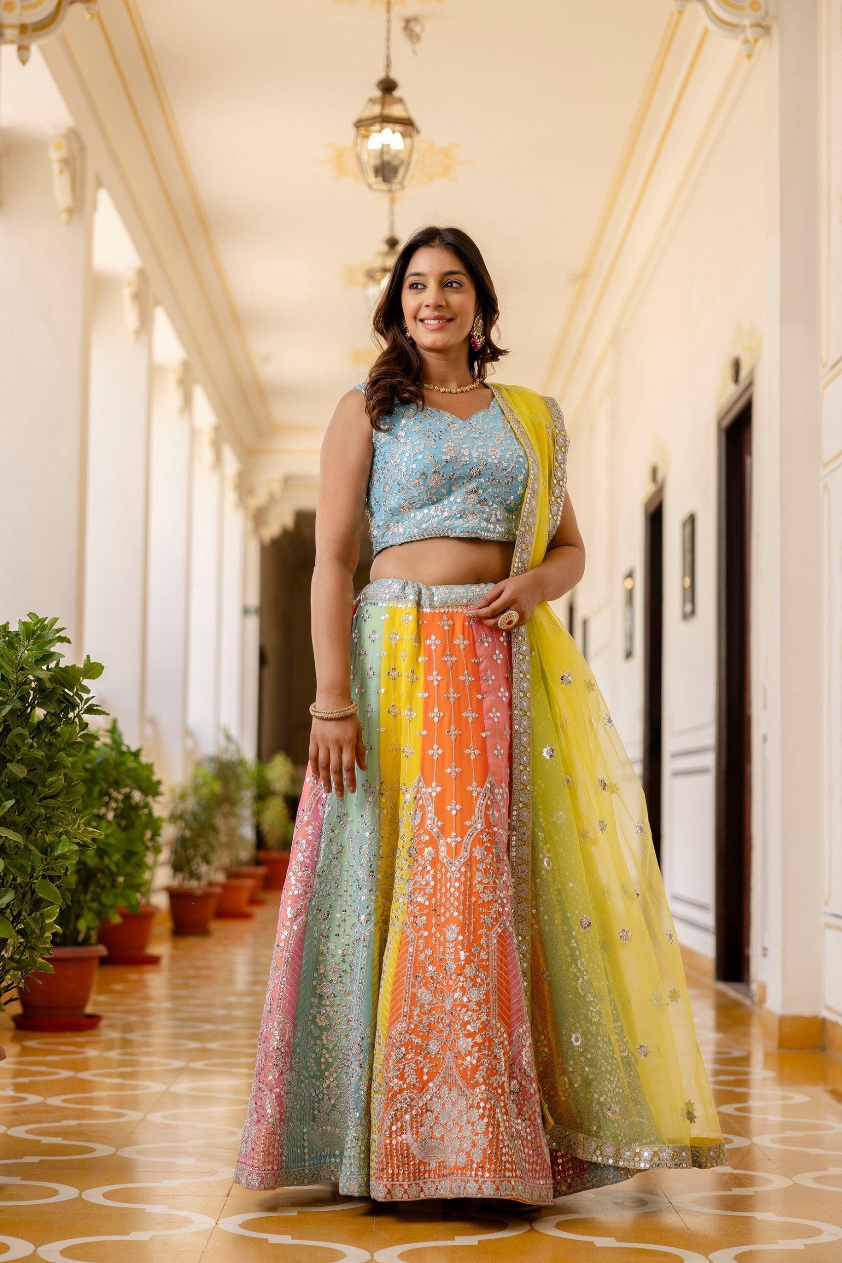 Rainbow Designer Faux Georgette Sequins Embroidered Lehenga Set with Net Dupatta