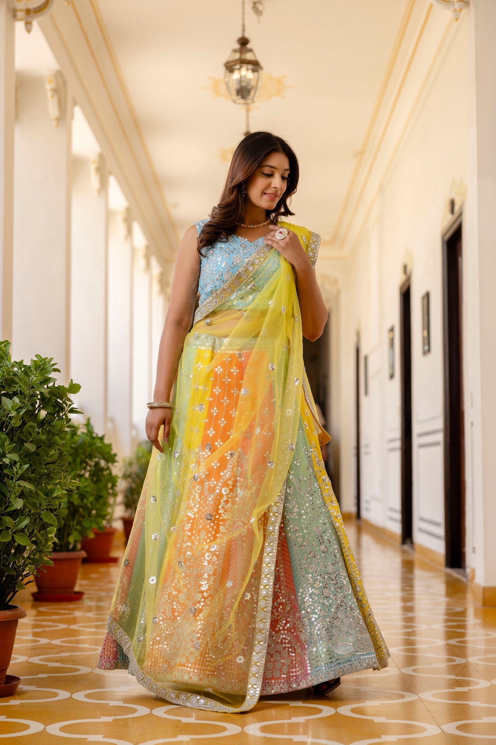 Rainbow Designer Faux Georgette Sequins Embroidered Lehenga Set with Net Dupatta