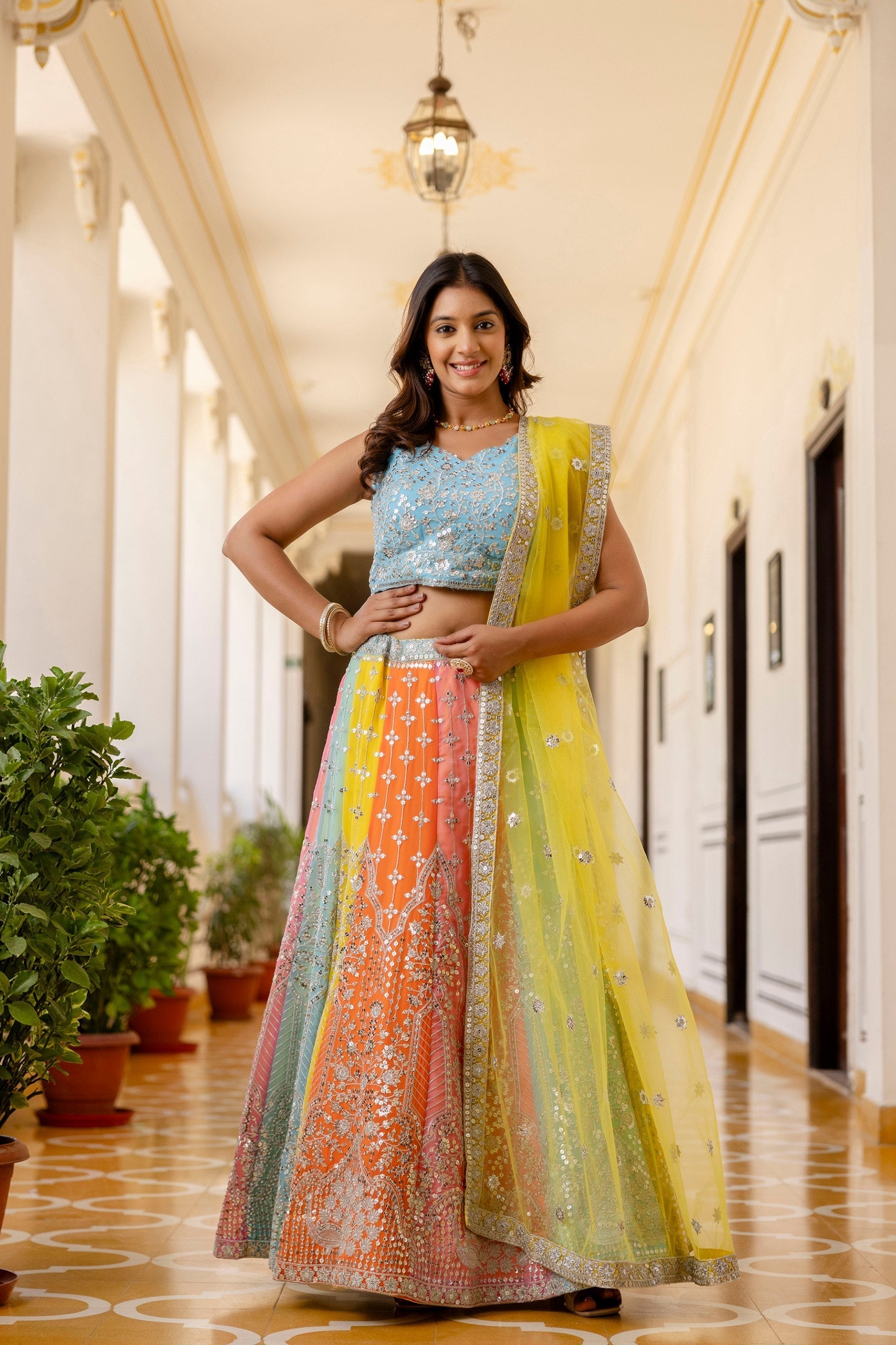 Rainbow Designer Faux Georgette Sequins Embroidered Lehenga Set with Net Dupatta