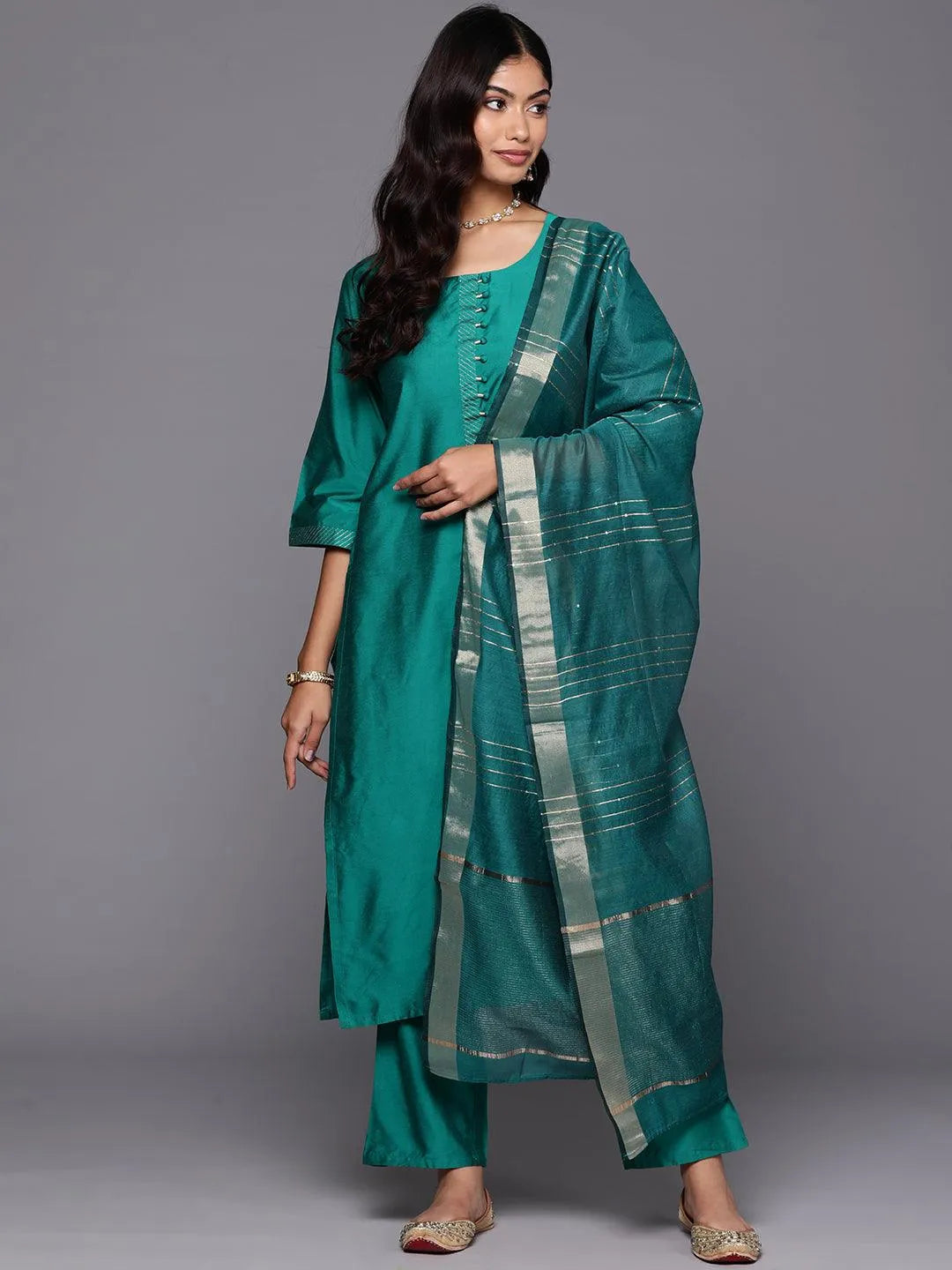 Anouk Green Solid Silk Blend Straight Suit With Dupatta