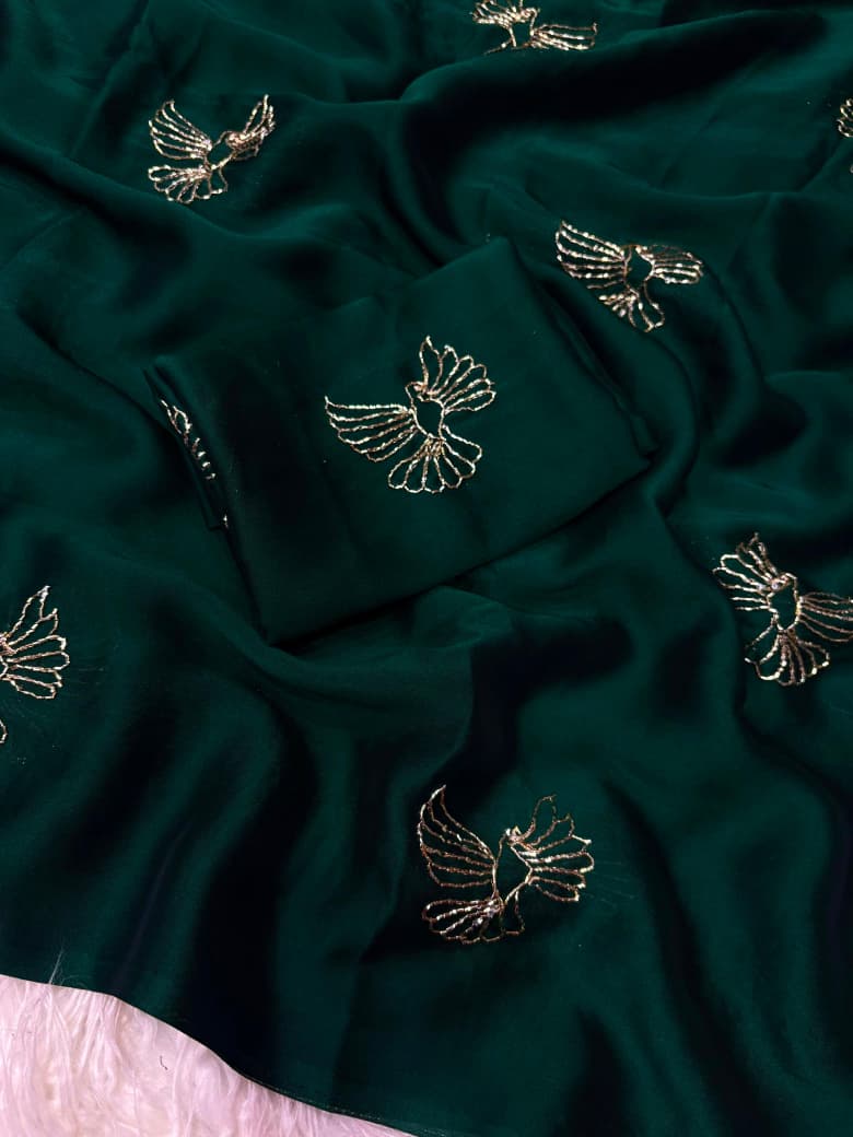 Rangoli Fabric Saree with Beads Work Bird Design & Matching Blouse
