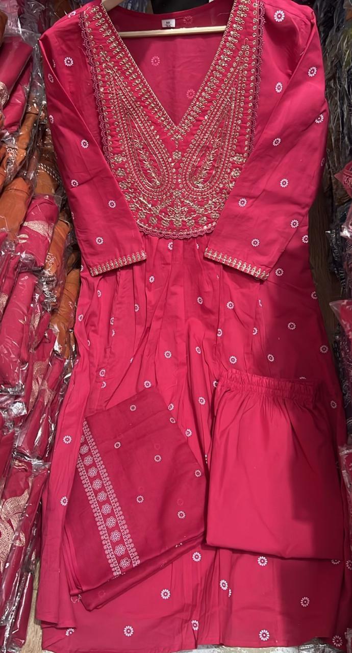 Rani Cotton Anarkali Kurti Set with Embroidery & Malmal Dupatta