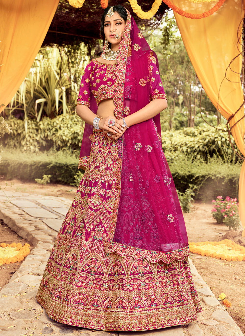 Rani-Pink Embroidered Silk Semi Stitched Lehenga