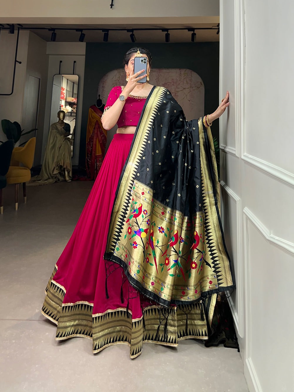 Rani Pink Color Vichitra Silk Lehenga Choli Set with Timeless Paithani Elegance
