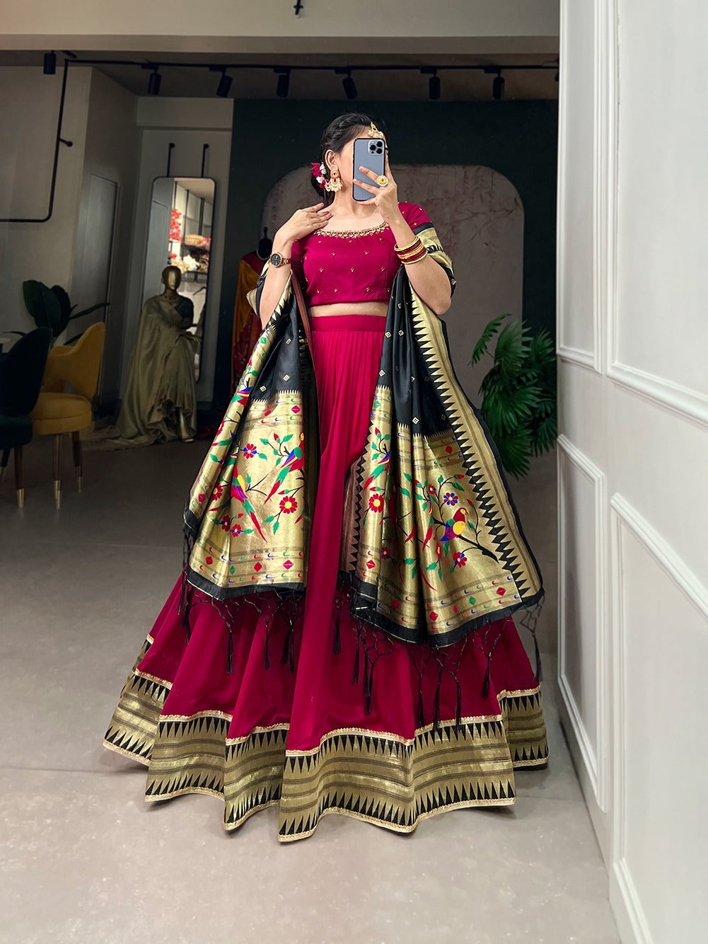 Rani Pink Color Vichitra Silk Lehenga Choli Set with Timeless Paithani Elegance