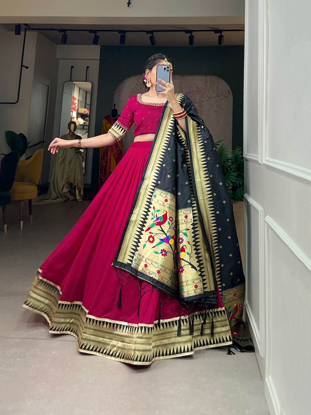 Rani Pink Color Vichitra Silk Lehenga Choli Set with Timeless Paithani Elegance