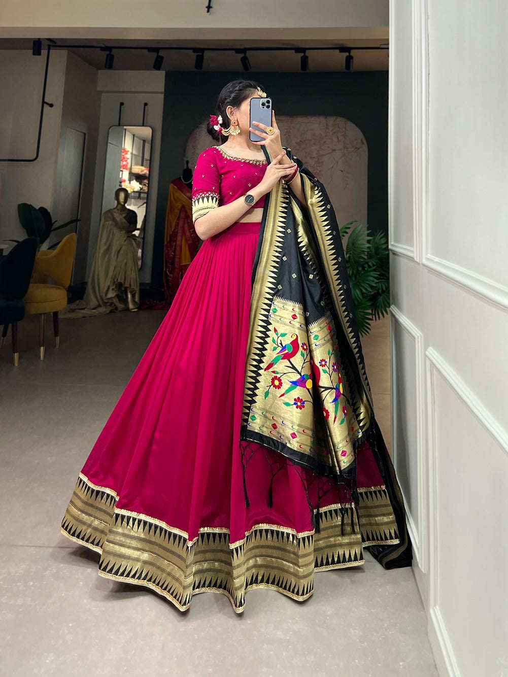 Rani Pink Color Vichitra Silk Lehenga Choli Set with Timeless Paithani Elegance