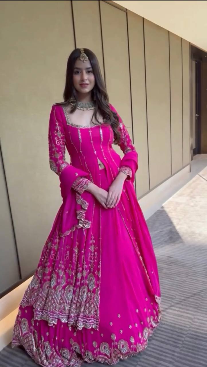 Rani Pink Elegant Faux Georgette Thread & Sequin Work Lehenga Set with Dupatta – Fully Stitched