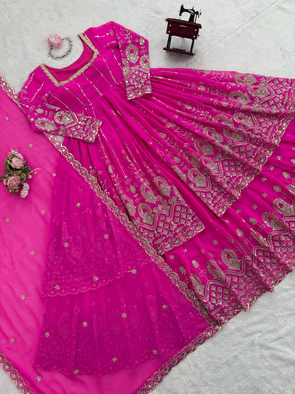 Rani Pink Elegant Faux Georgette Thread & Sequin Work Lehenga Set with Dupatta – Fully Stitched