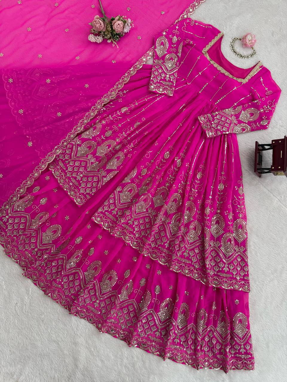 Rani Pink Elegant Faux Georgette Thread & Sequin Work Lehenga Set with Dupatta – Fully Stitched