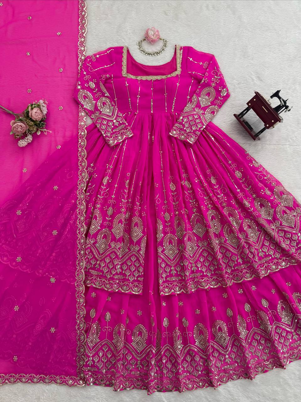 Rani Pink Elegant Faux Georgette Thread & Sequin Work Lehenga Set with Dupatta – Fully Stitched