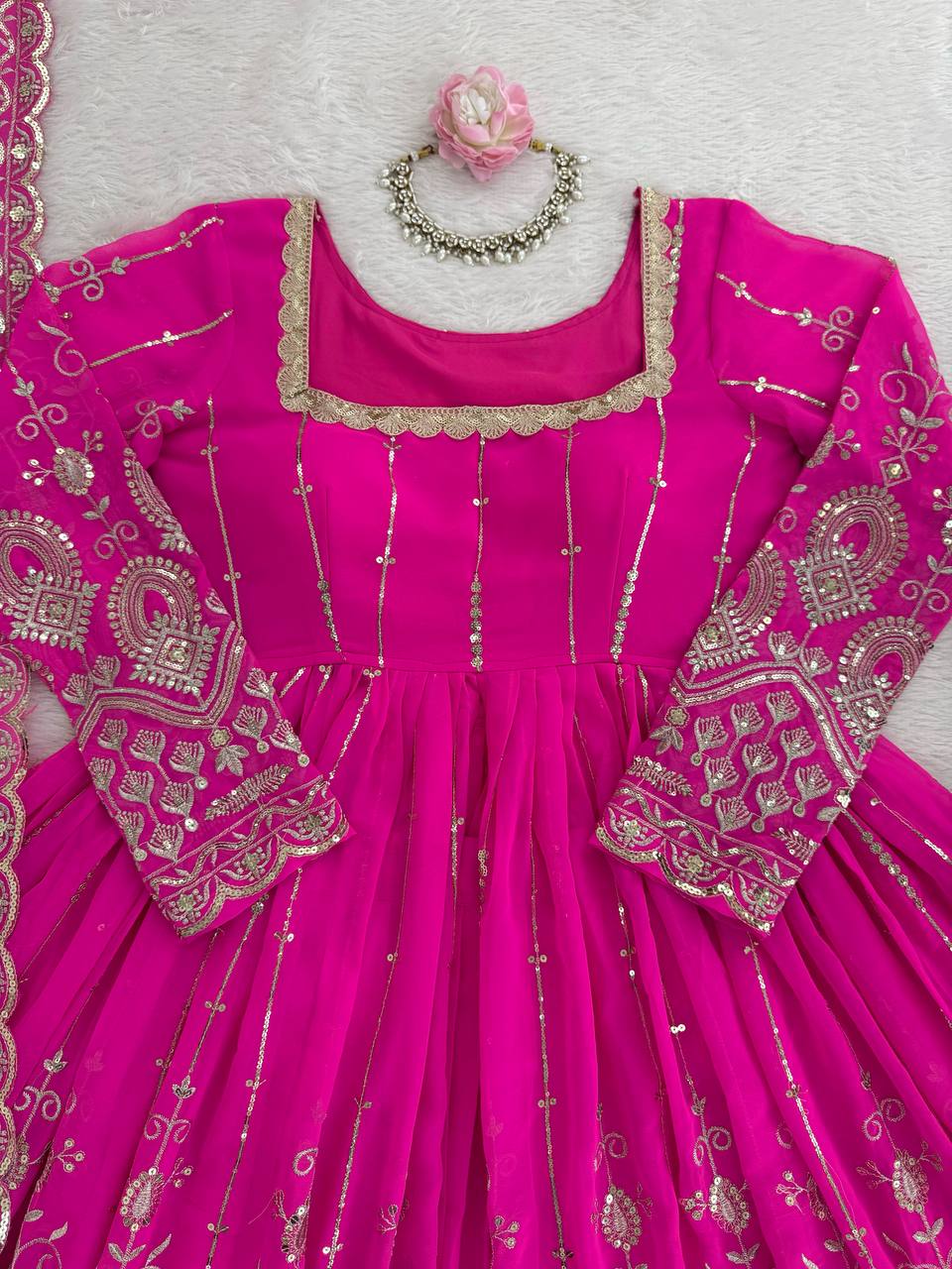 Rani Pink Elegant Faux Georgette Thread & Sequin Work Lehenga Set with Dupatta – Fully Stitched