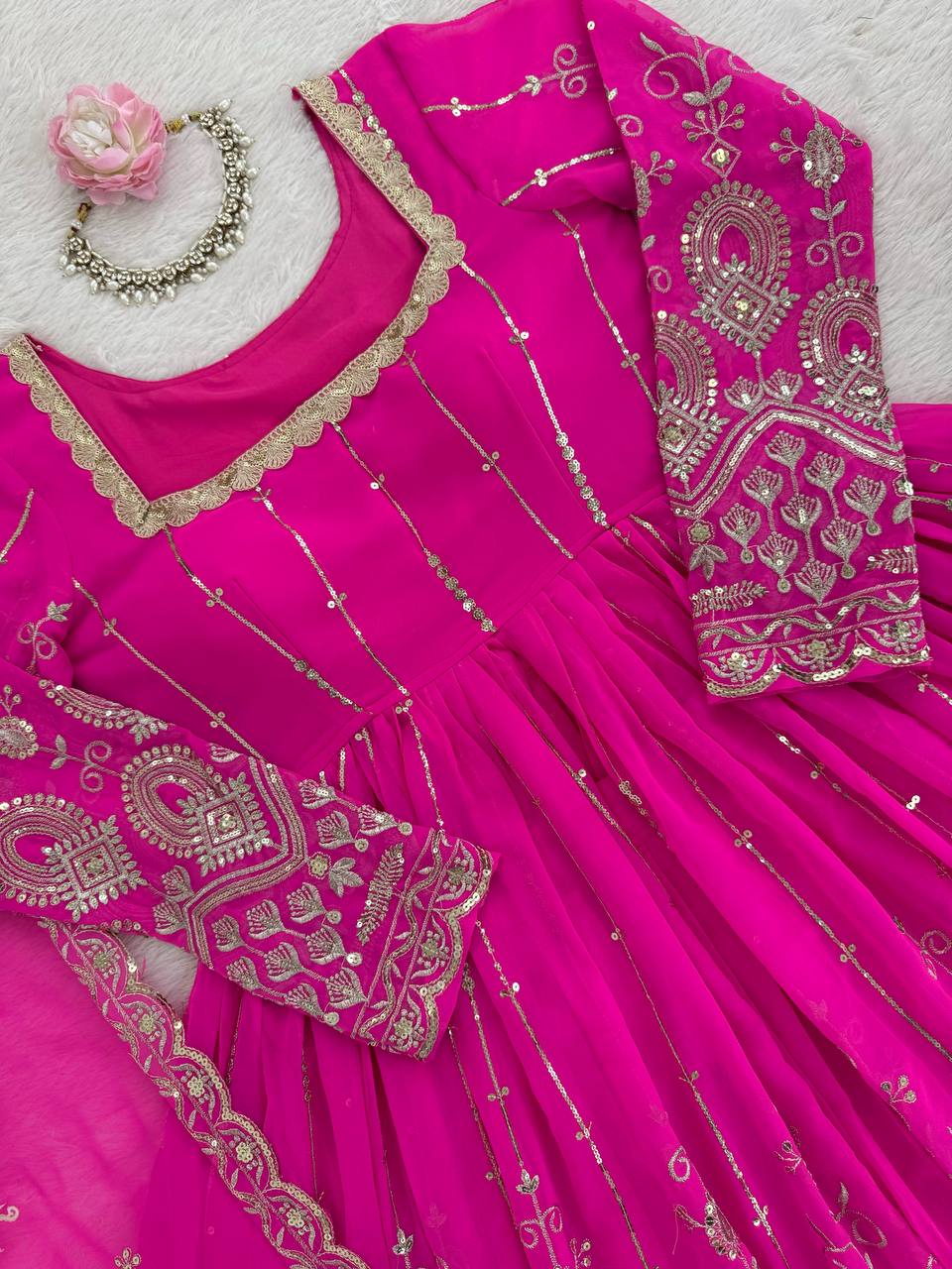 Rani Pink Elegant Faux Georgette Thread & Sequin Work Lehenga Set with Dupatta – Fully Stitched