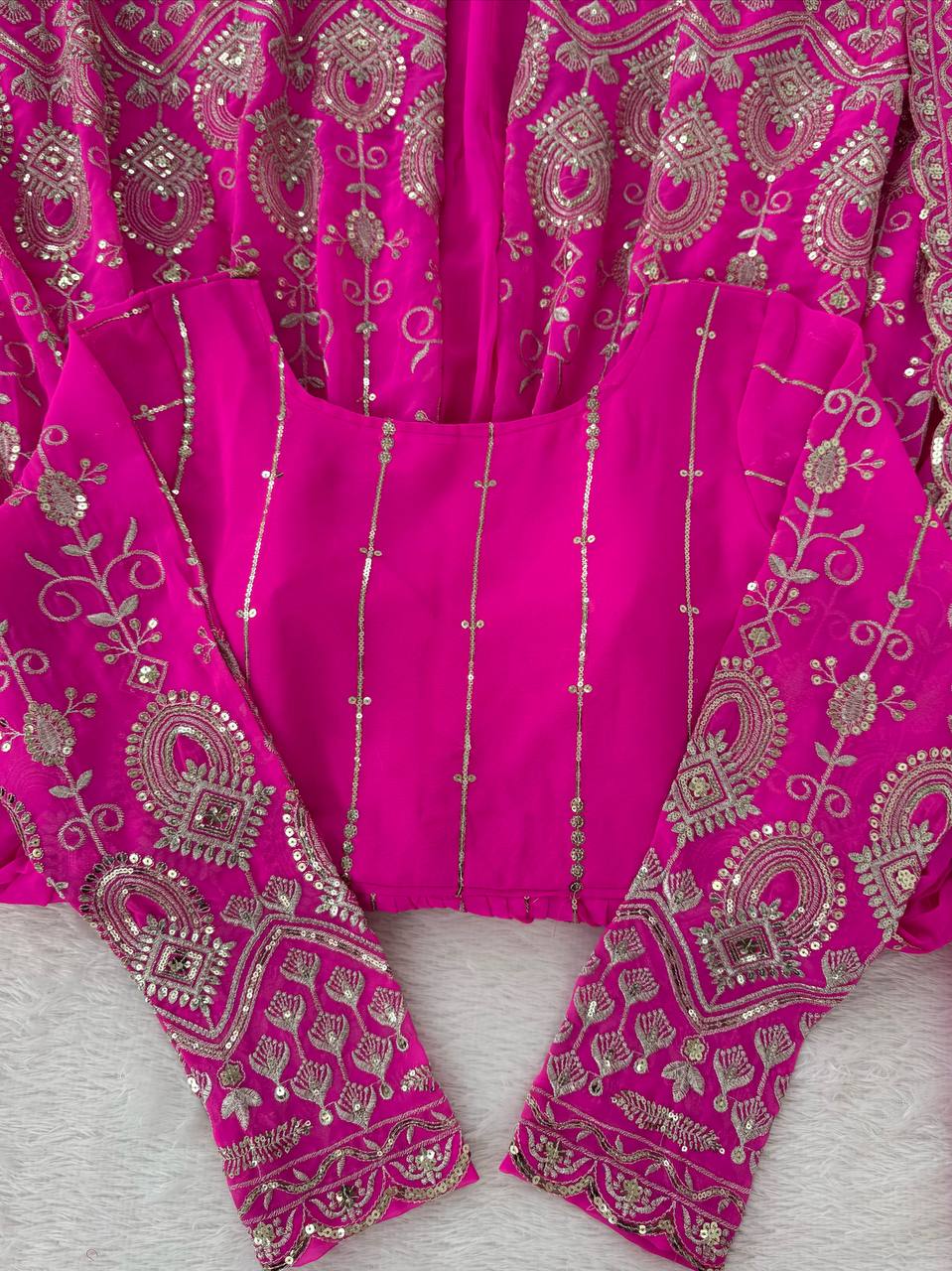 Rani Pink Elegant Faux Georgette Thread & Sequin Work Lehenga Set with Dupatta – Fully Stitched