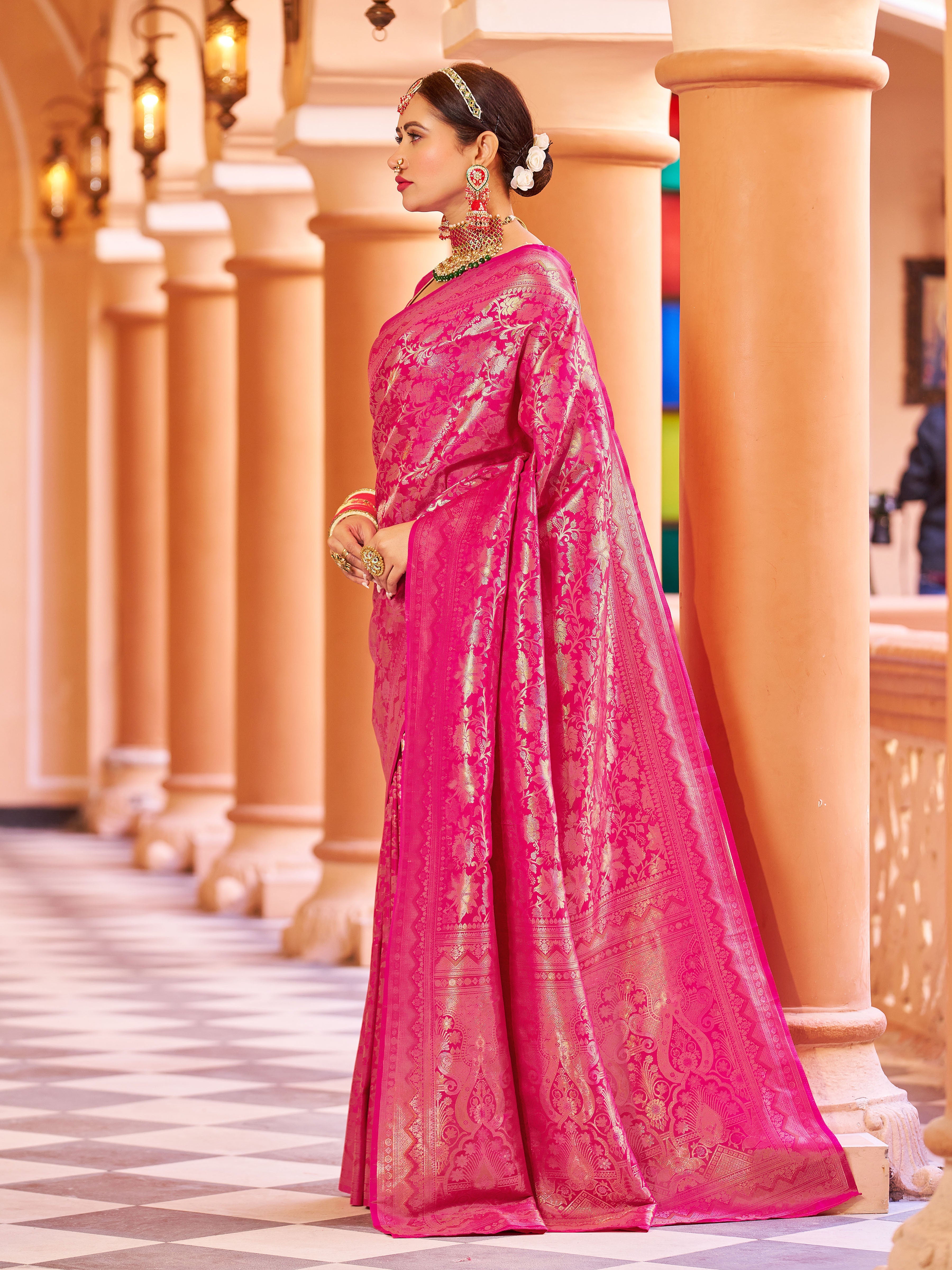 Rani Pink Elegant Silk Patola Printed Saree with Unstitched Blouse Piece