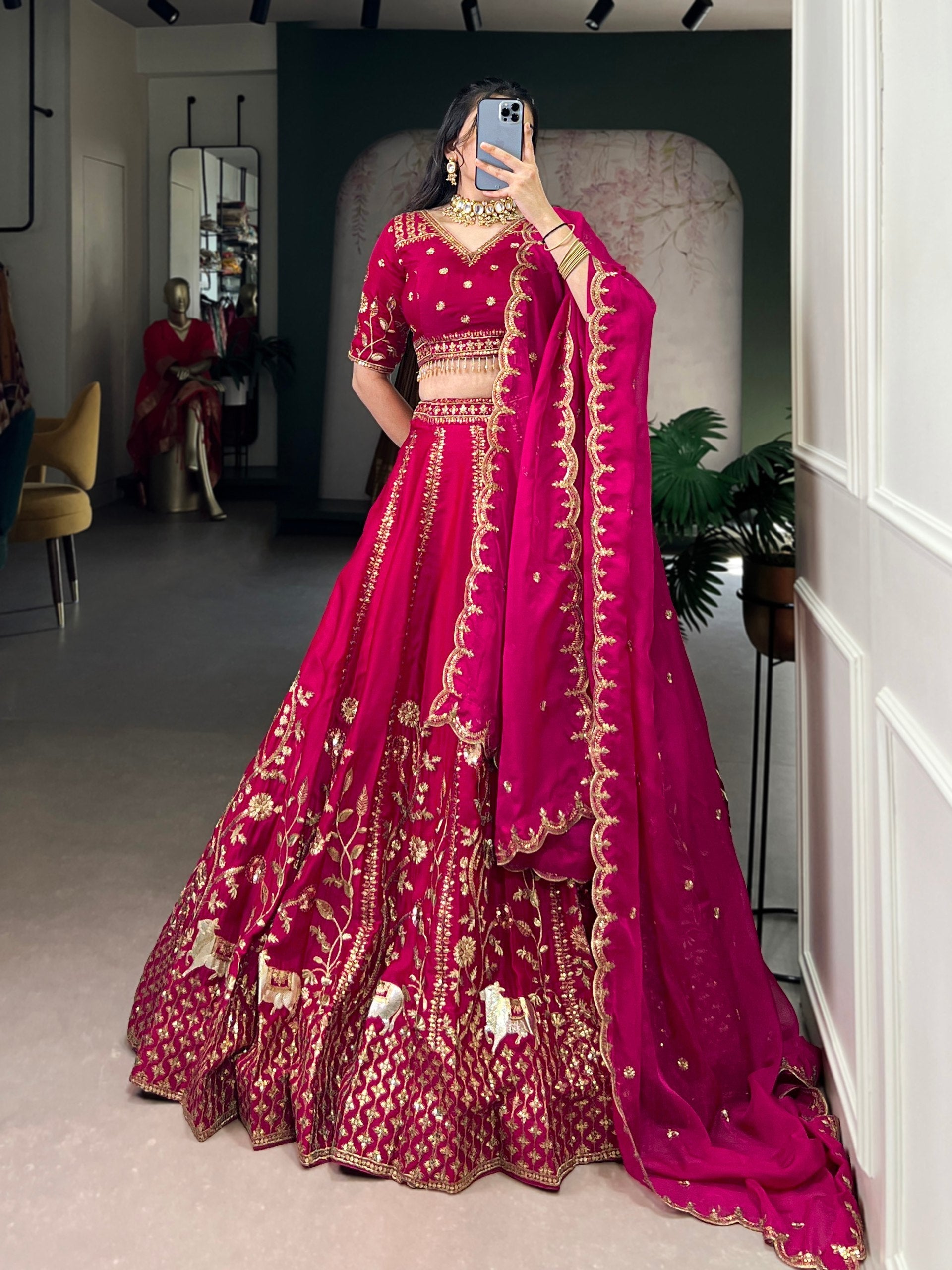 Rani Pink Natural Silk Sequins & Thread Embroidered Lehenga Choli Set with Organza Dupatta – Stitched 4-Meter Flair Lehenga with Double Cancan & Designer Unstitched Blouse