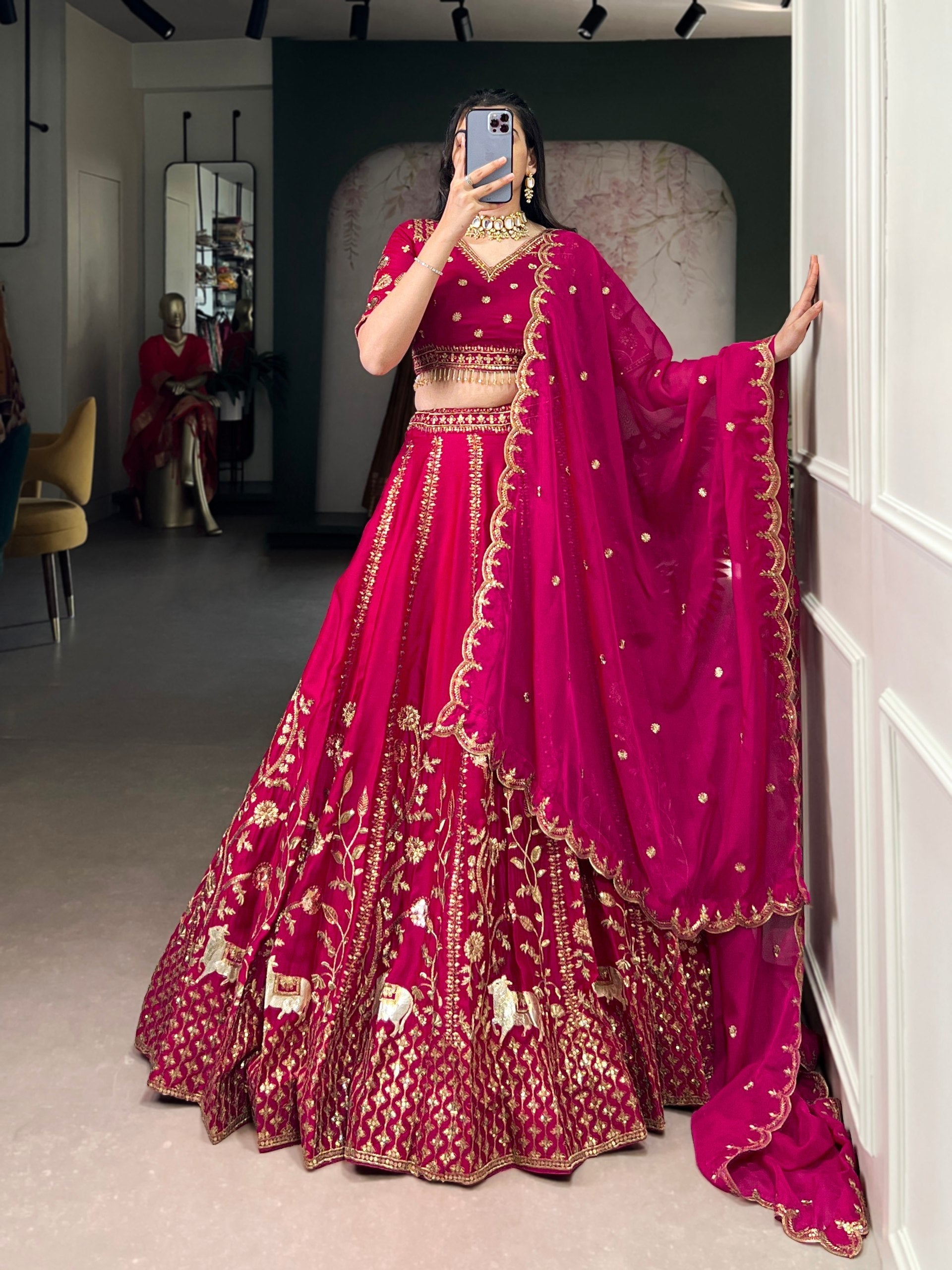 Rani Pink Natural Silk Sequins & Thread Embroidered Lehenga Choli Set with Organza Dupatta – Stitched 4-Meter Flair Lehenga with Double Cancan & Designer Unstitched Blouse