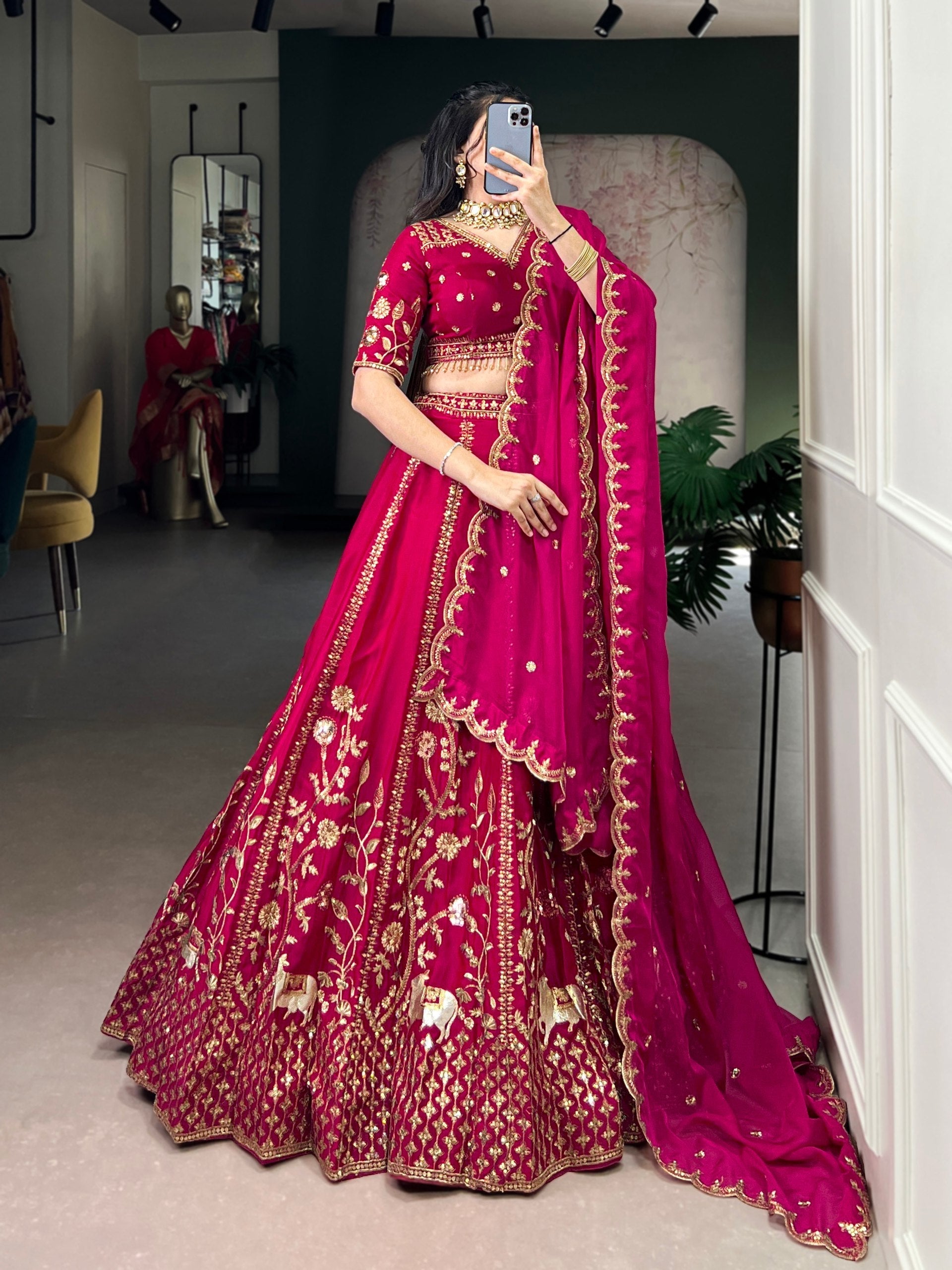 Rani Pink Natural Silk Sequins & Thread Embroidered Lehenga Choli Set with Organza Dupatta – Stitched 4-Meter Flair Lehenga with Double Cancan & Designer Unstitched Blouse