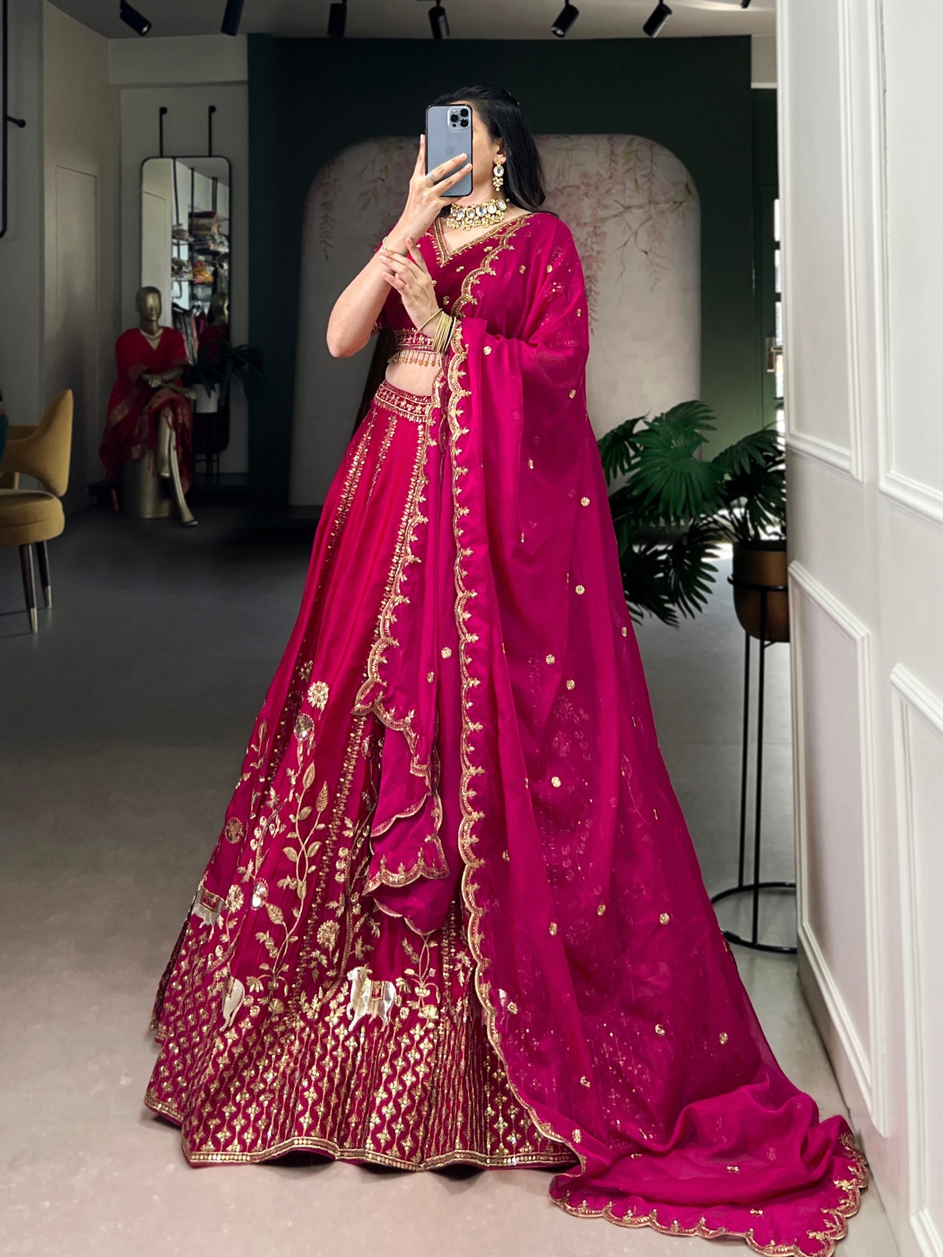 Rani Pink Natural Silk Sequins & Thread Embroidered Lehenga Choli Set with Organza Dupatta – Stitched 4-Meter Flair Lehenga with Double Cancan & Designer Unstitched Blouse