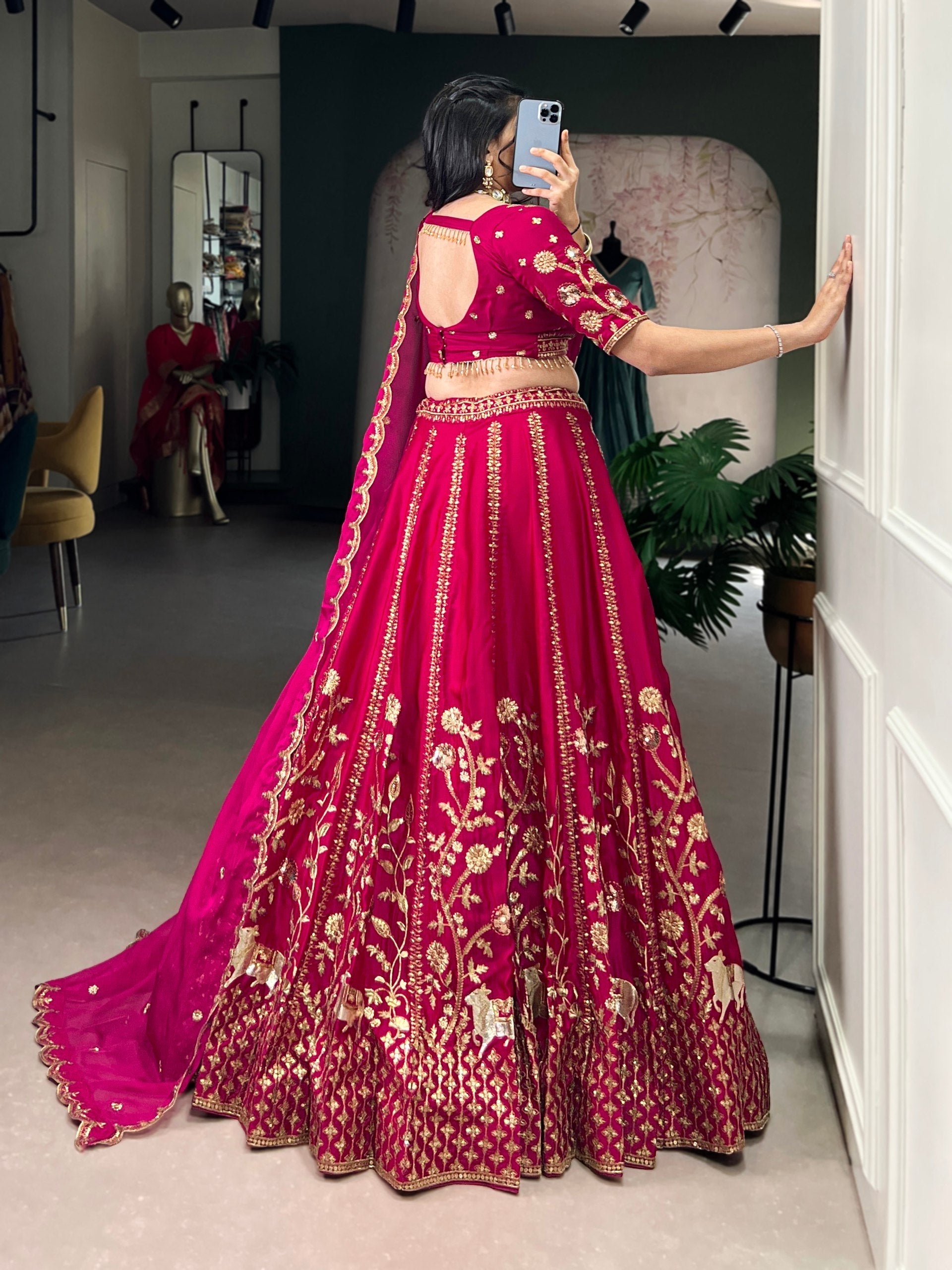 Rani Pink Natural Silk Sequins & Thread Embroidered Lehenga Choli Set with Organza Dupatta – Stitched 4-Meter Flair Lehenga with Double Cancan & Designer Unstitched Blouse