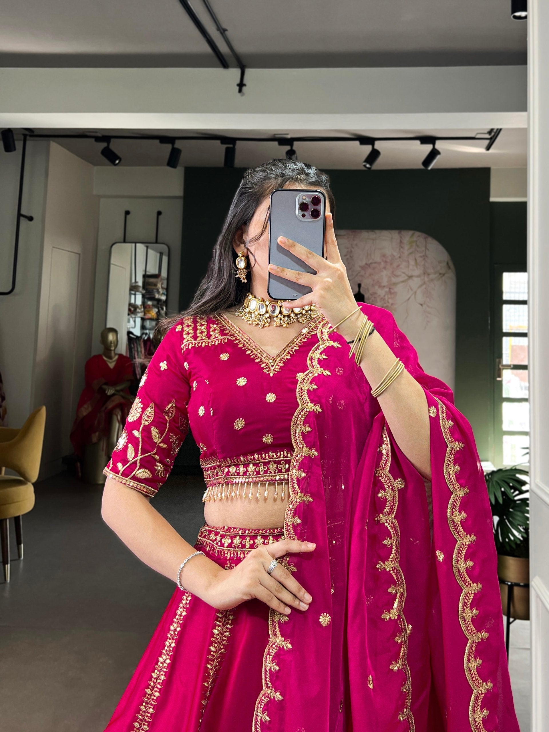 Rani Pink Natural Silk Sequins & Thread Embroidered Lehenga Choli Set with Organza Dupatta – Stitched 4-Meter Flair Lehenga with Double Cancan & Designer Unstitched Blouse