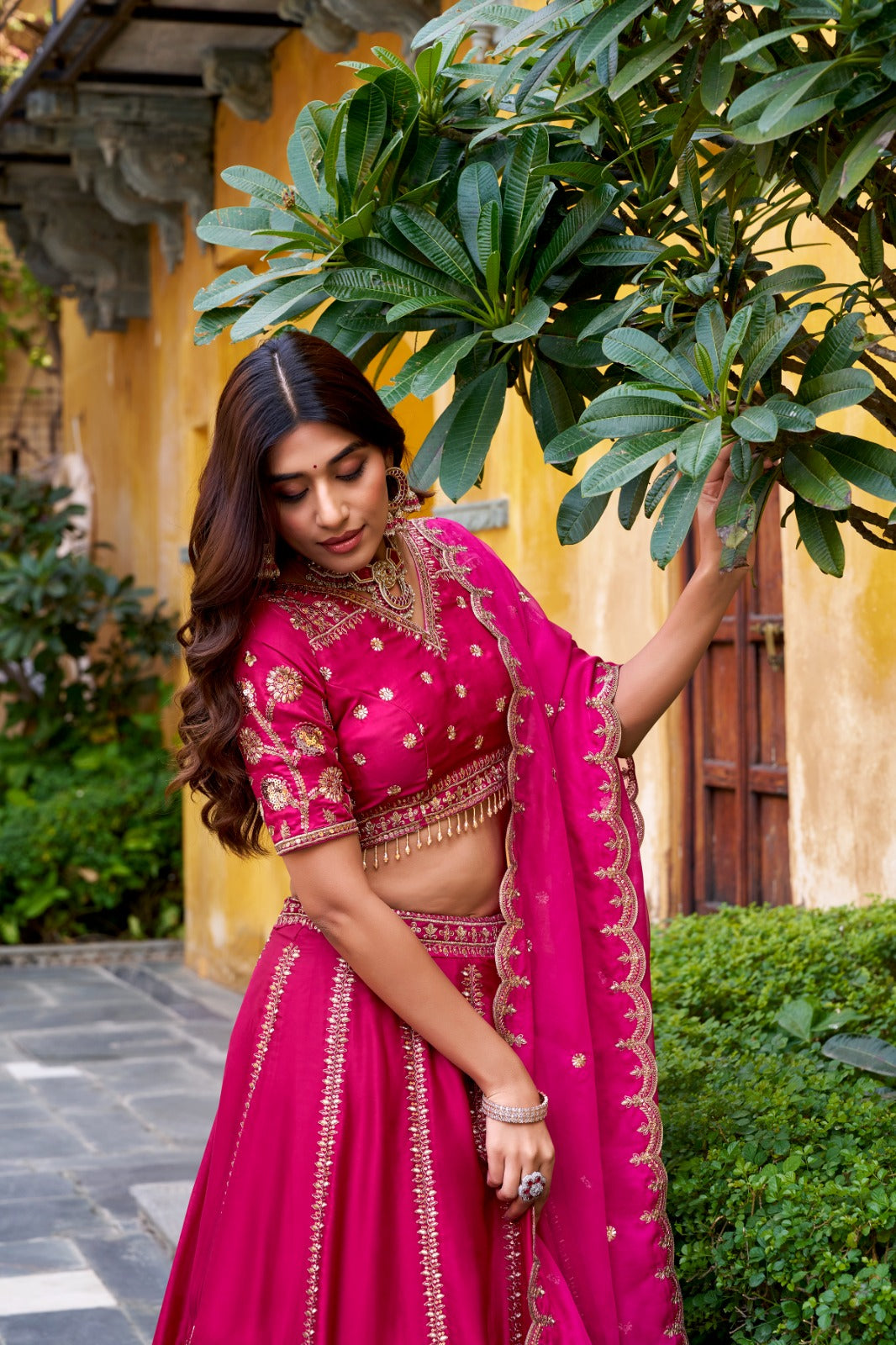 Rani Pink Natural Silk Sequins & Thread Embroidered Lehenga Choli Set with Organza Dupatta – Stitched 4-Meter Flair Lehenga with Double Cancan & Designer Unstitched Blouse