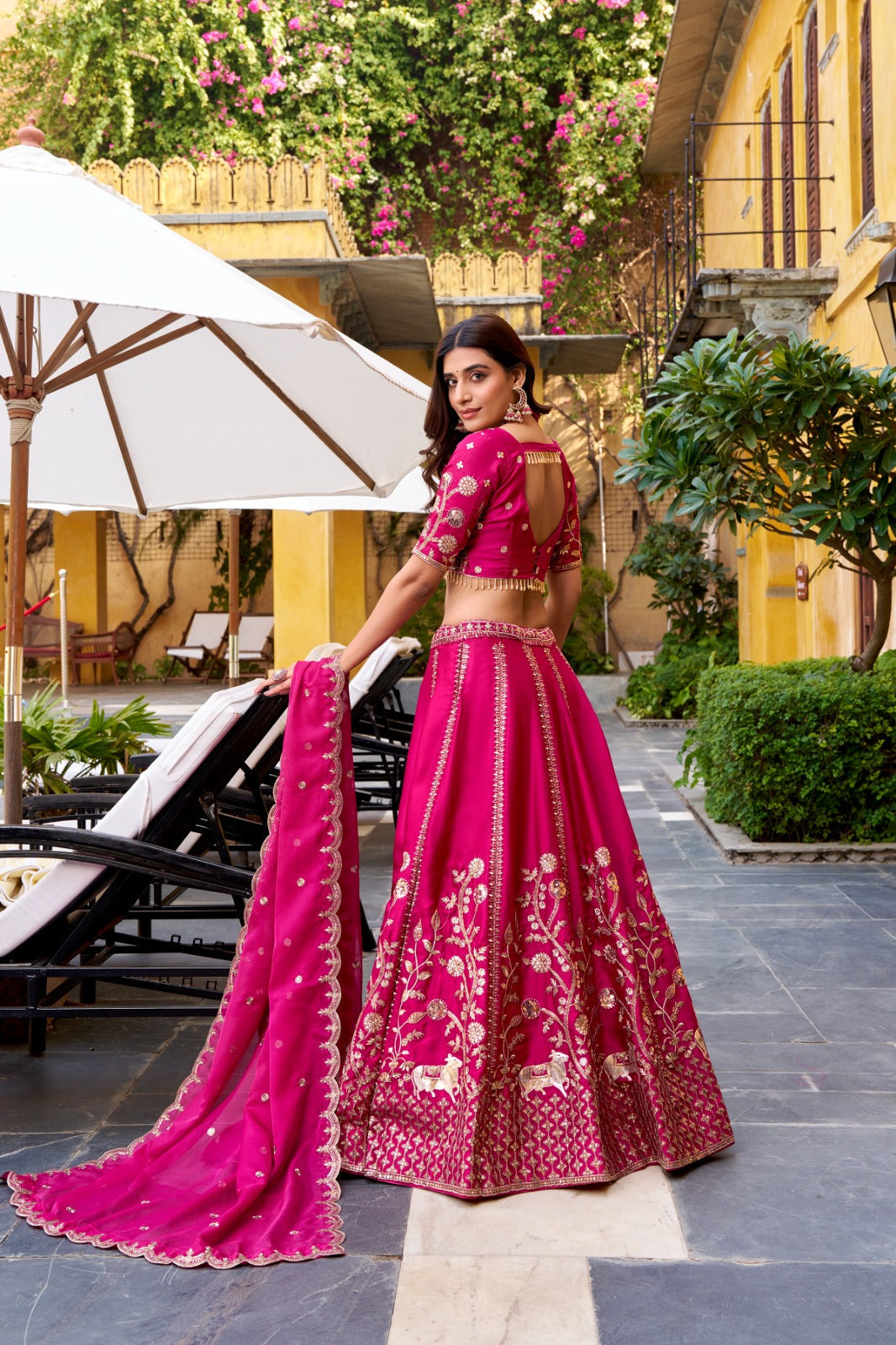 Rani Pink Natural Silk Sequins & Thread Embroidered Lehenga Choli Set with Organza Dupatta – Stitched 4-Meter Flair Lehenga with Double Cancan & Designer Unstitched Blouse